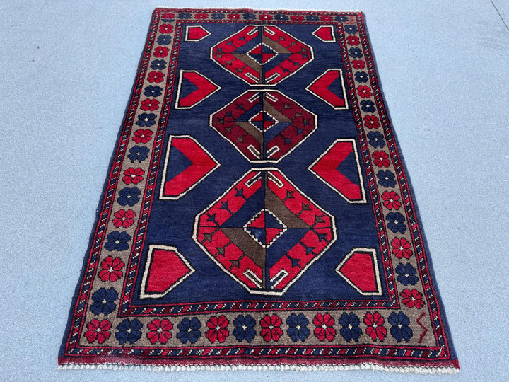 3x5 (91x152) Handmade Vintage Afghan Baluch Rug | Navy Midnight Blue Crimson Red Taupe Tan Beige Grey White Cream Ivory | Wool Traditional