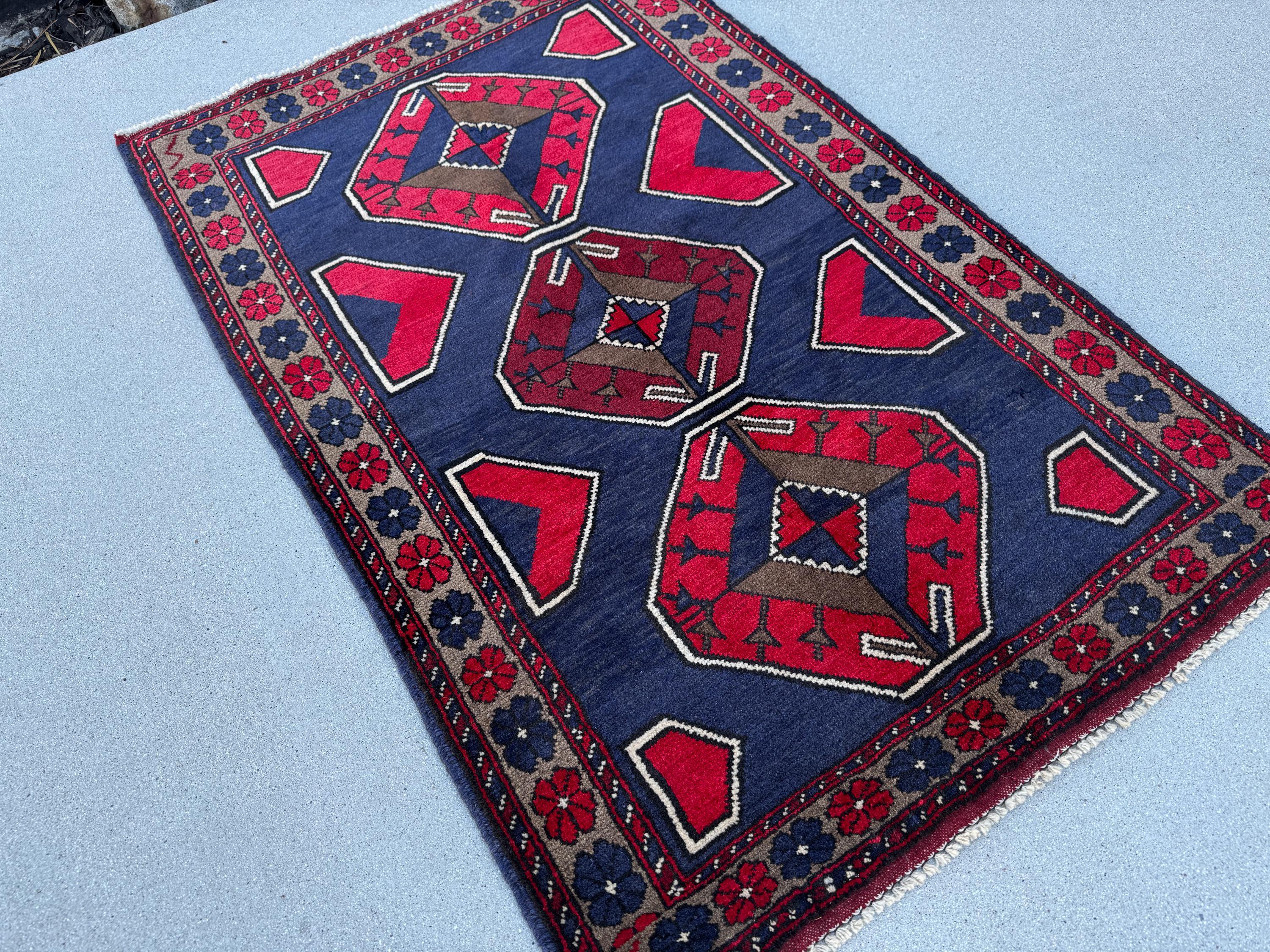 3x5 (91x152) Handmade Vintage Afghan Baluch Rug | Navy Midnight Blue Crimson Red Taupe Tan Beige Grey White Cream Ivory | Wool Traditional