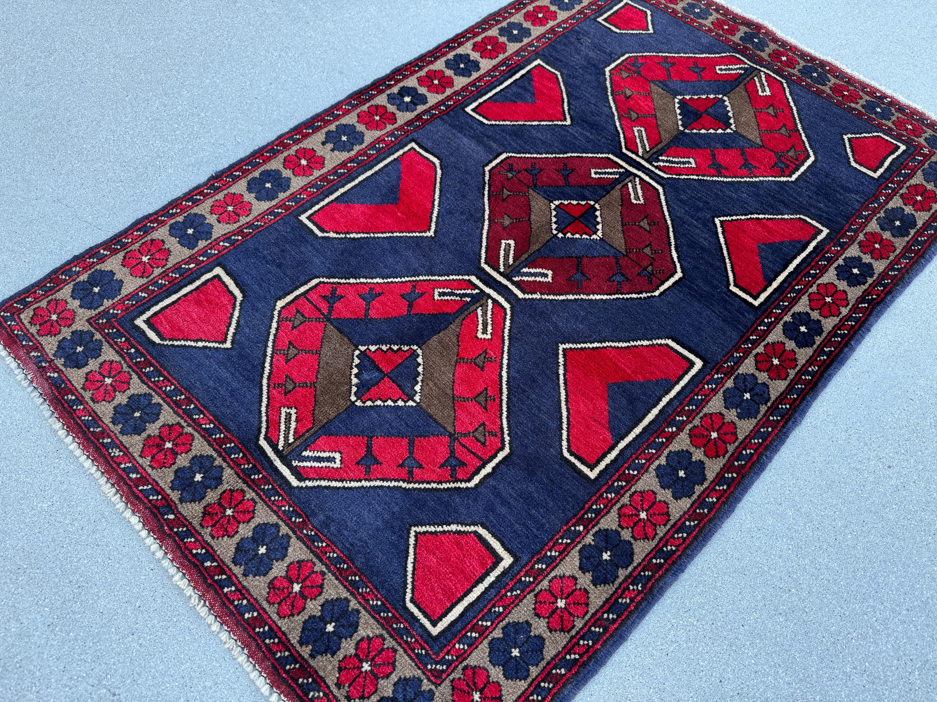 3x5 (91x152) Handmade Vintage Afghan Baluch Rug | Navy Midnight Blue Crimson Red Taupe Tan Beige Grey White Cream Ivory | Wool Traditional