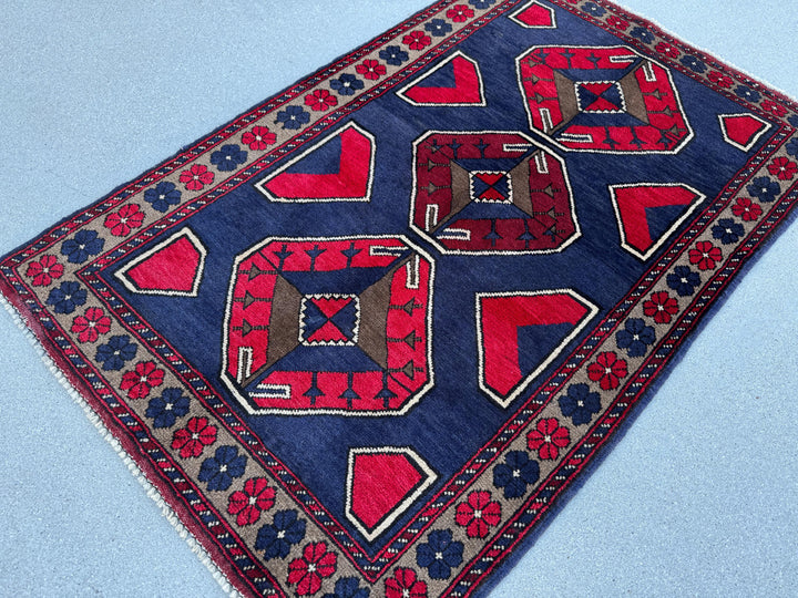 3x5 (91x152) Handmade Vintage Afghan Baluch Rug | Navy Midnight Blue Crimson Red Taupe Tan Beige Grey White Cream Ivory | Wool Traditional