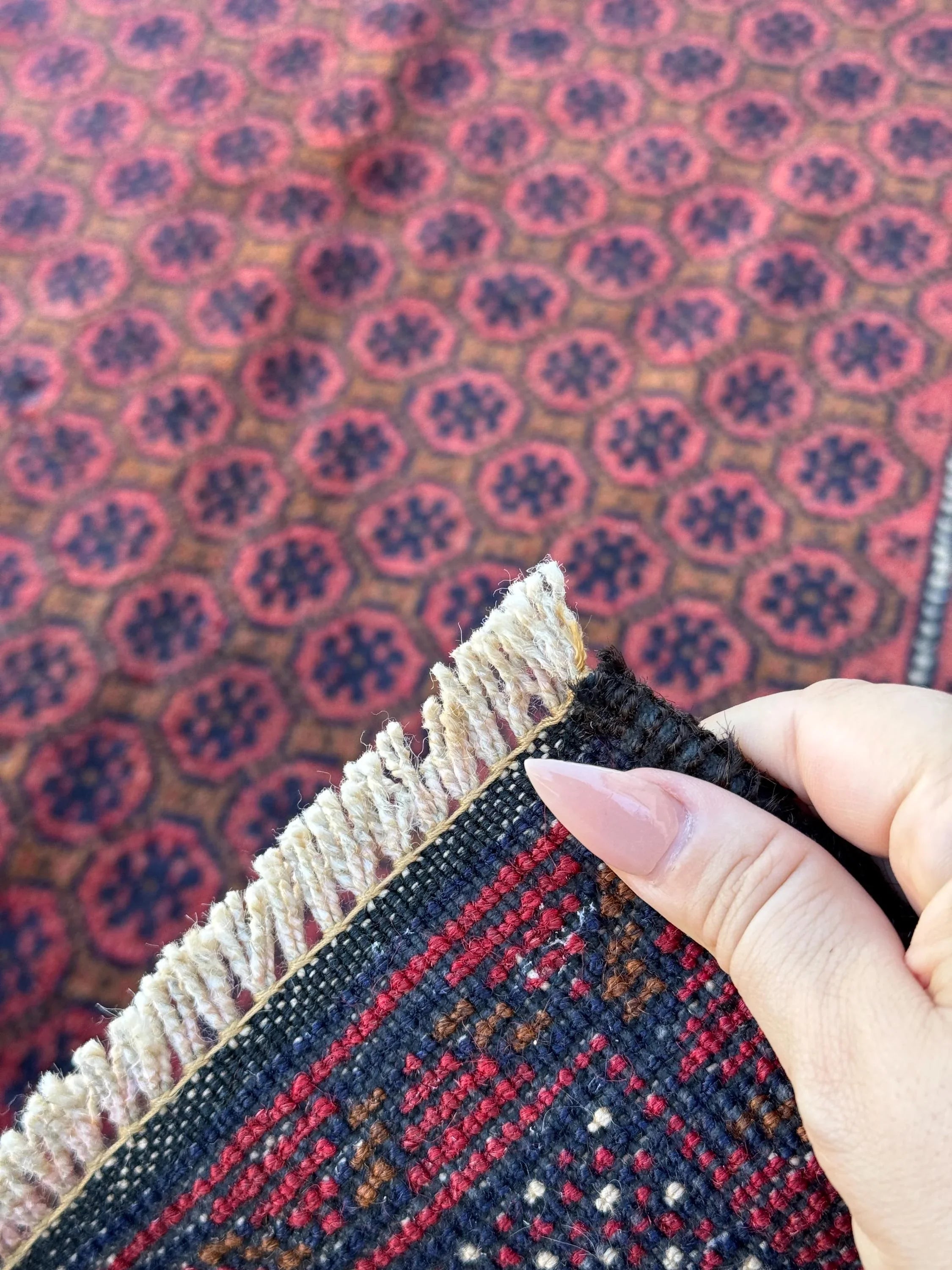 3x4-5 (91x152) Handmade Vintage Afghan Baluch Rug | Crimson Brick Burgundy Red Black Coffee Caramel Beige Brown Midnight Navy Blue White