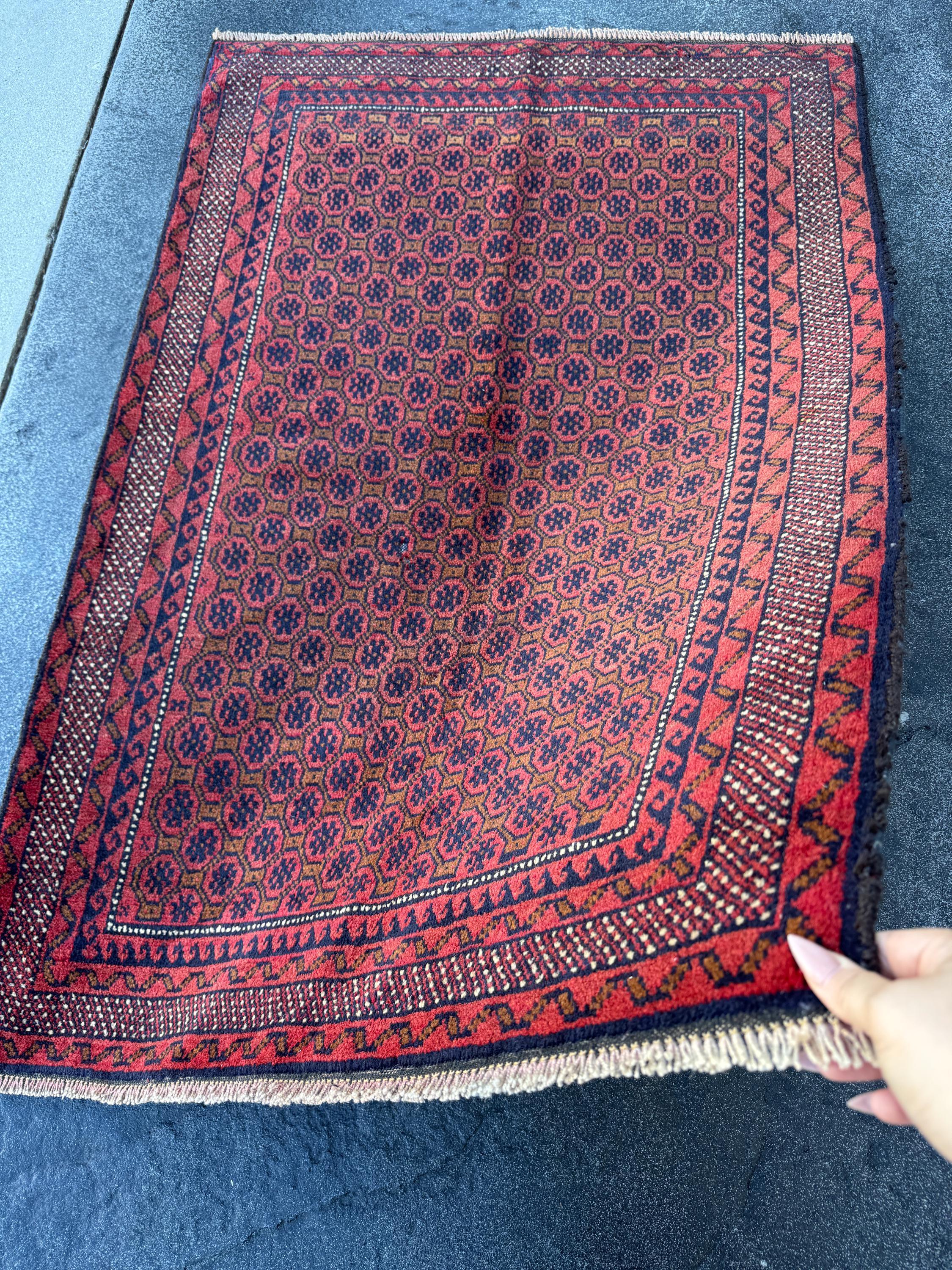 3x4-5 (91x152) Handmade Vintage Afghan Baluch Rug | Crimson Brick Burgundy Red Black Coffee Caramel Beige Brown Midnight Navy Blue White