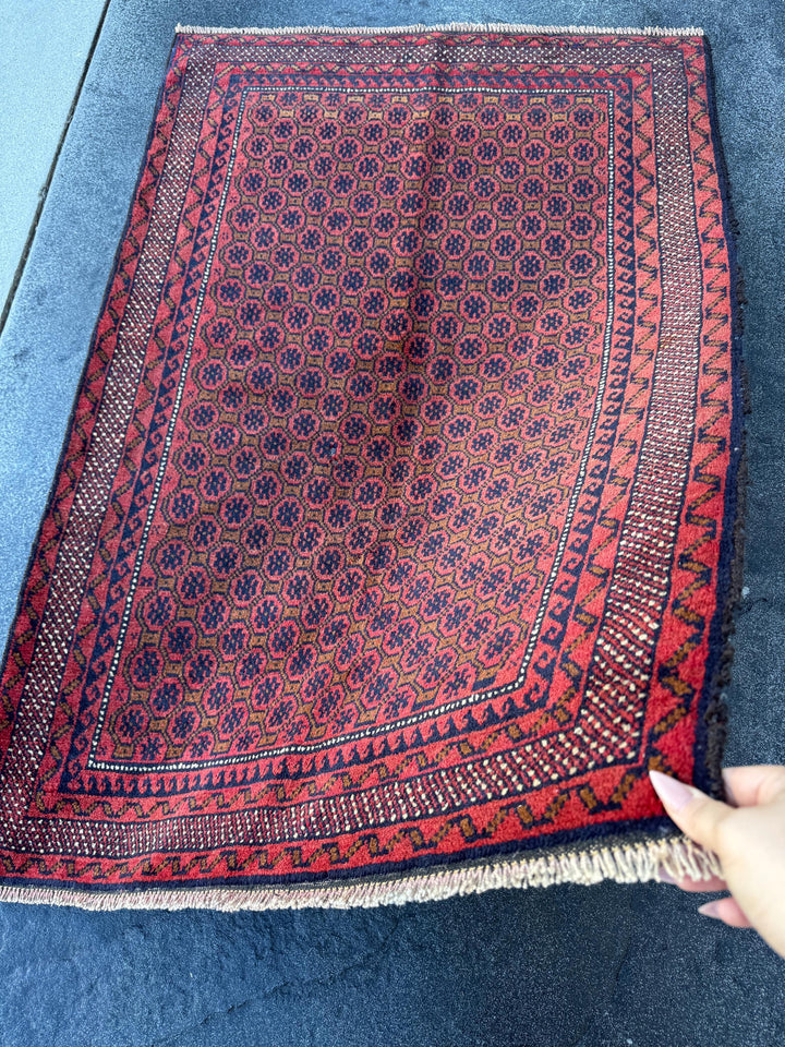 3x4-5 (91x152) Handmade Vintage Afghan Baluch Rug | Crimson Brick Burgundy Red Black Coffee Caramel Beige Brown Midnight Navy Blue White