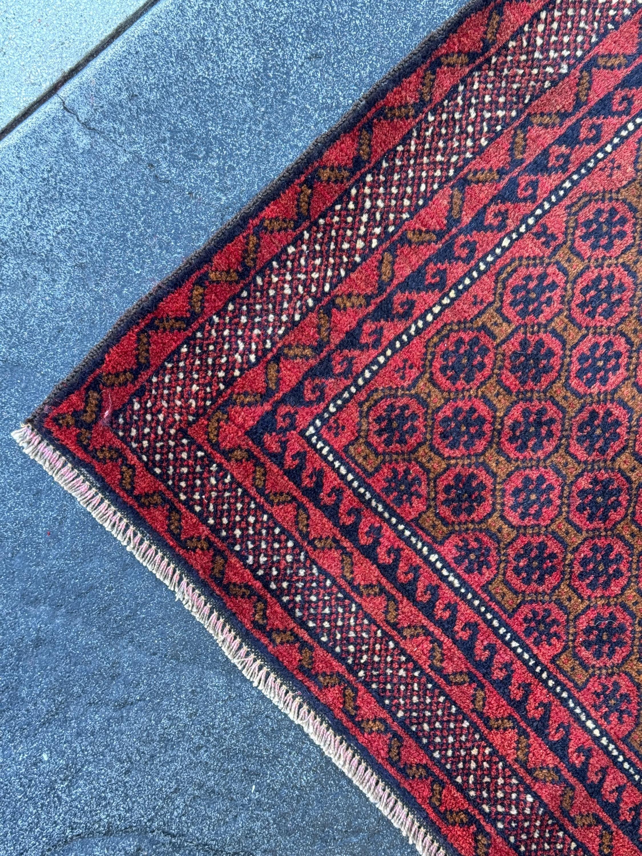 3x4-5 (91x152) Handmade Vintage Afghan Baluch Rug | Crimson Brick Burgundy Red Black Coffee Caramel Beige Brown Midnight Navy Blue White