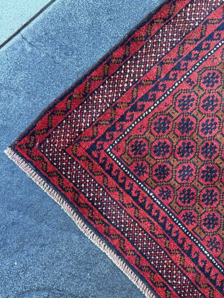 3x4-5 (91x152) Handmade Vintage Afghan Baluch Rug | Crimson Brick Burgundy Red Black Coffee Caramel Beige Brown Midnight Navy Blue White