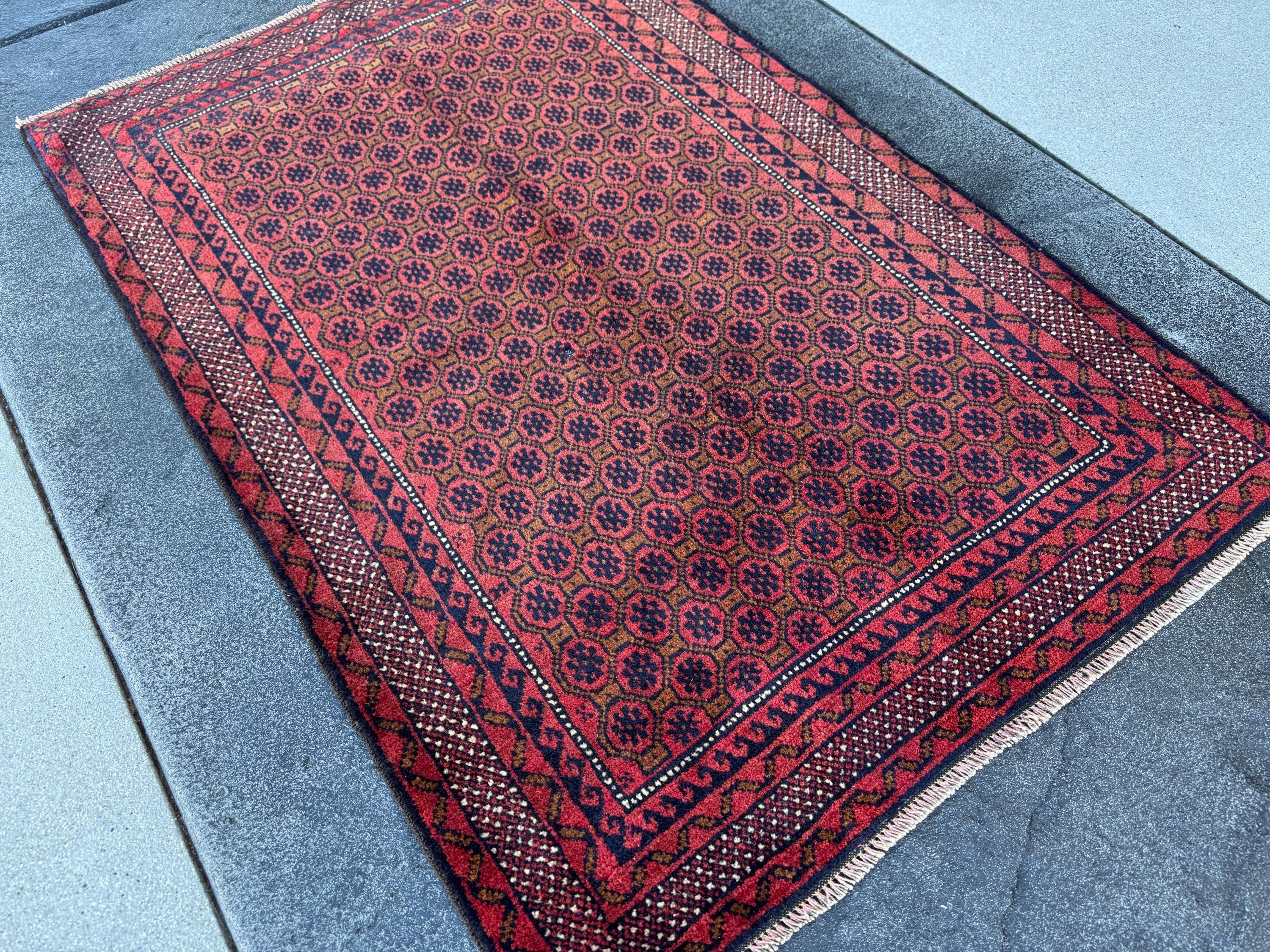 3x4-5 (91x152) Handmade Vintage Afghan Baluch Rug | Crimson Brick Burgundy Red Black Coffee Caramel Beige Brown Midnight Navy Blue White
