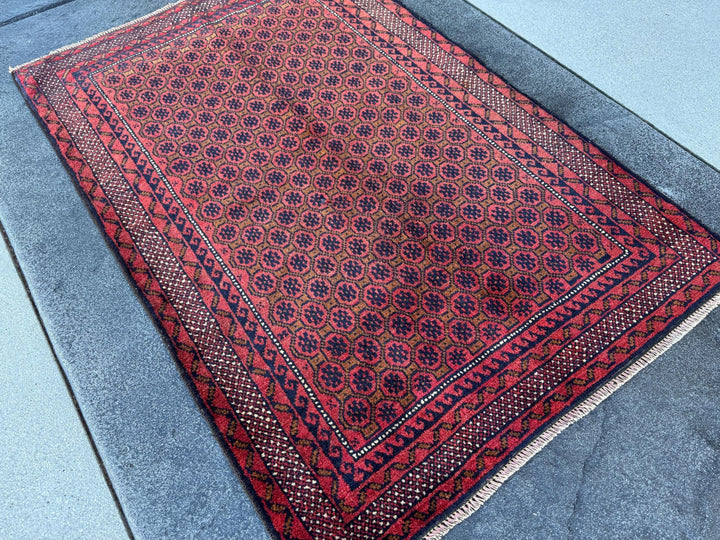 3x4-5 (91x152) Handmade Vintage Afghan Baluch Rug | Crimson Brick Burgundy Red Black Coffee Caramel Beige Brown Midnight Navy Blue White