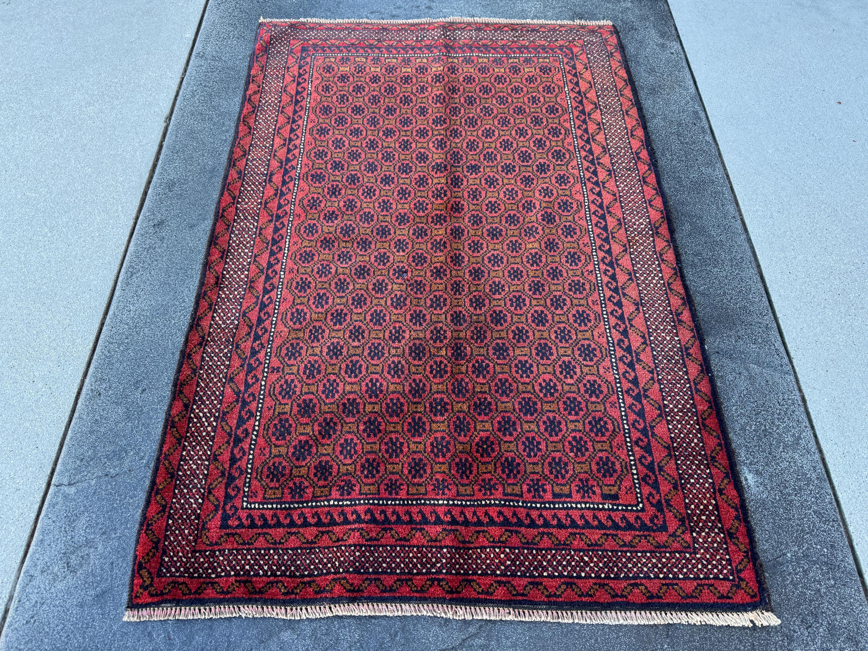 3x4-5 (91x152) Handmade Vintage Afghan Baluch Rug | Crimson Brick Burgundy Red Black Coffee Caramel Beige Brown Midnight Navy Blue White