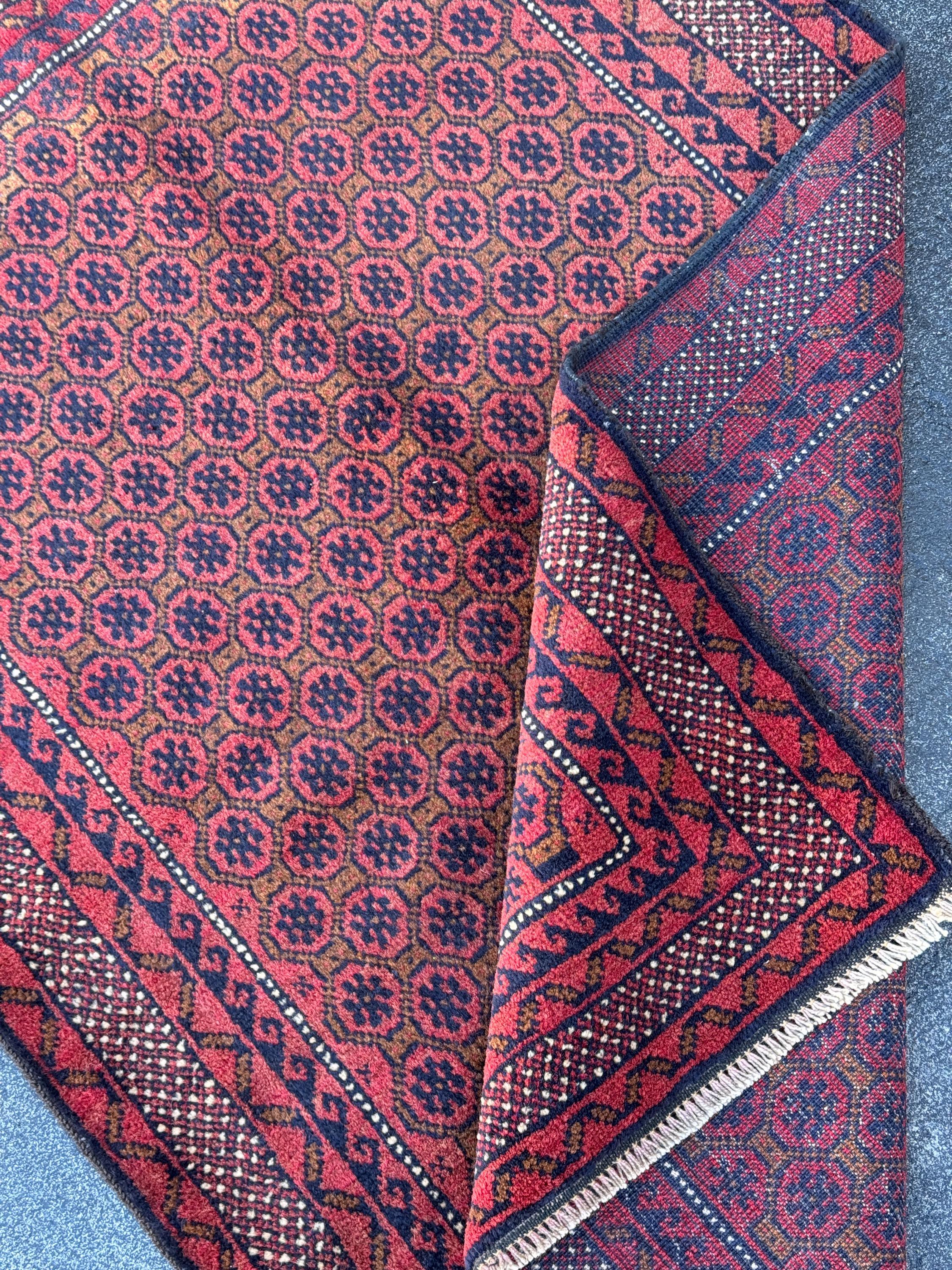 3x4-5 (91x152) Handmade Vintage Afghan Baluch Rug | Crimson Brick Burgundy Red Black Coffee Caramel Beige Brown Midnight Navy Blue White
