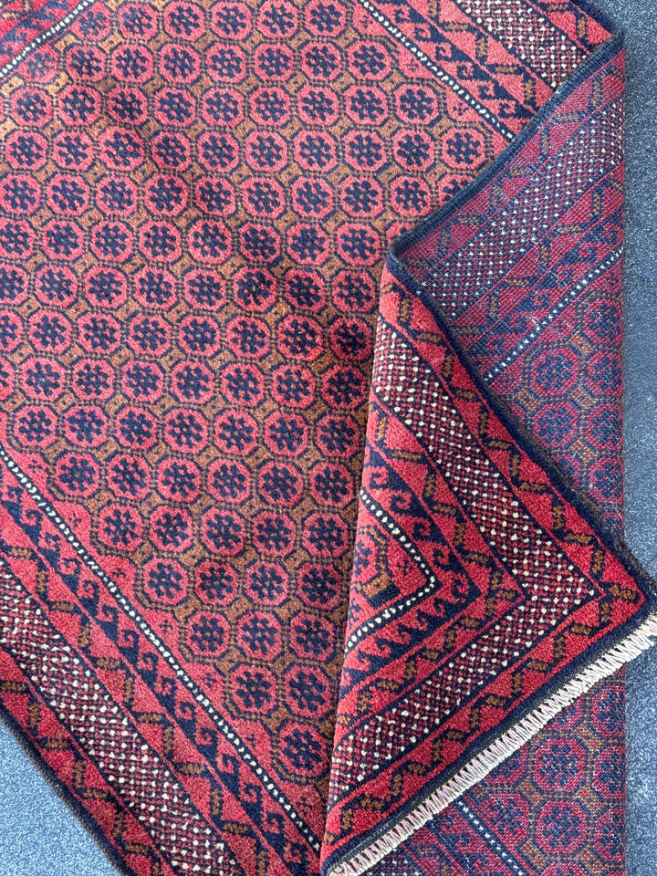 3x4-5 (91x152) Handmade Vintage Afghan Baluch Rug | Crimson Brick Burgundy Red Black Coffee Caramel Beige Brown Midnight Navy Blue White