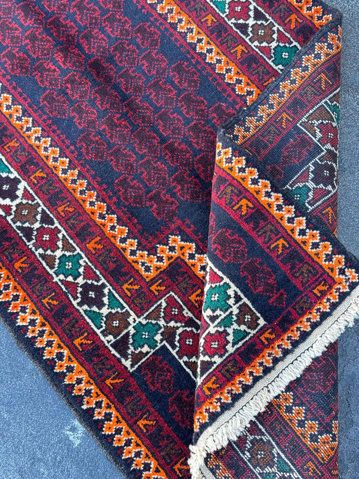 3x5 (91x152) Handmade Vintage Afghan Baluch Rug | Auburn Burgundy Blood Red Orange Forest Green Coffee Brown White Ivory Black Midnight Blue