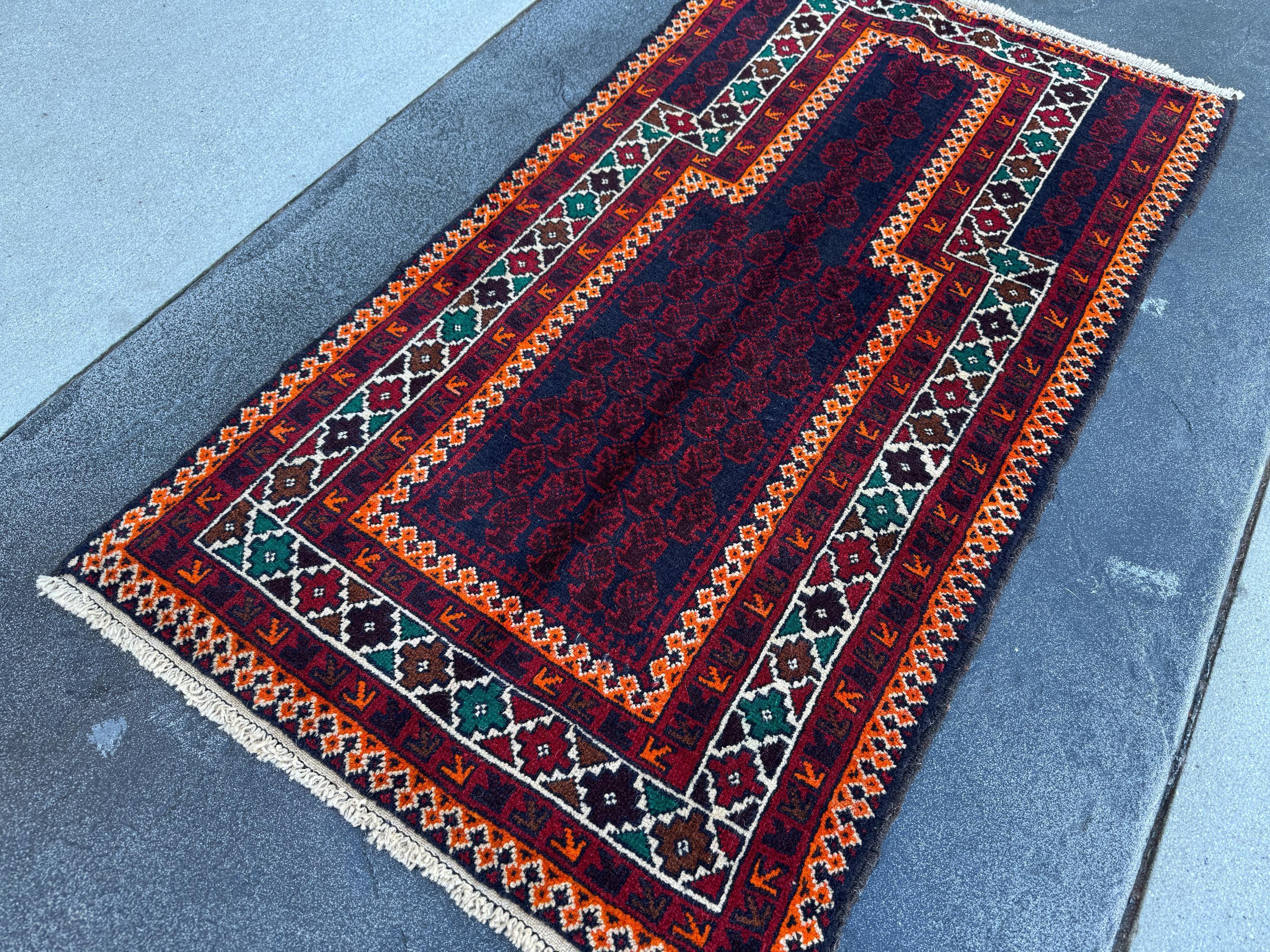 3x5 (91x152) Handmade Vintage Afghan Baluch Rug | Auburn Burgundy Blood Red Orange Forest Green Coffee Brown White Ivory Black Midnight Blue