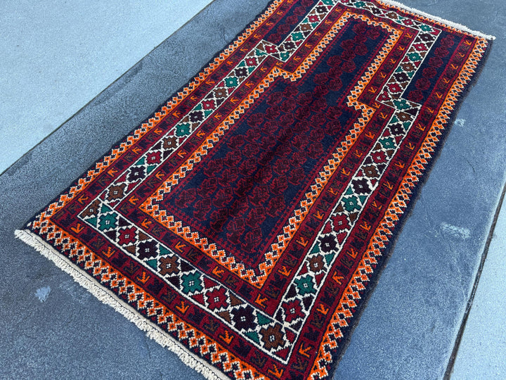 3x5 (91x152) Handmade Vintage Afghan Baluch Rug | Auburn Burgundy Blood Red Orange Forest Green Coffee Brown White Ivory Black Midnight Blue