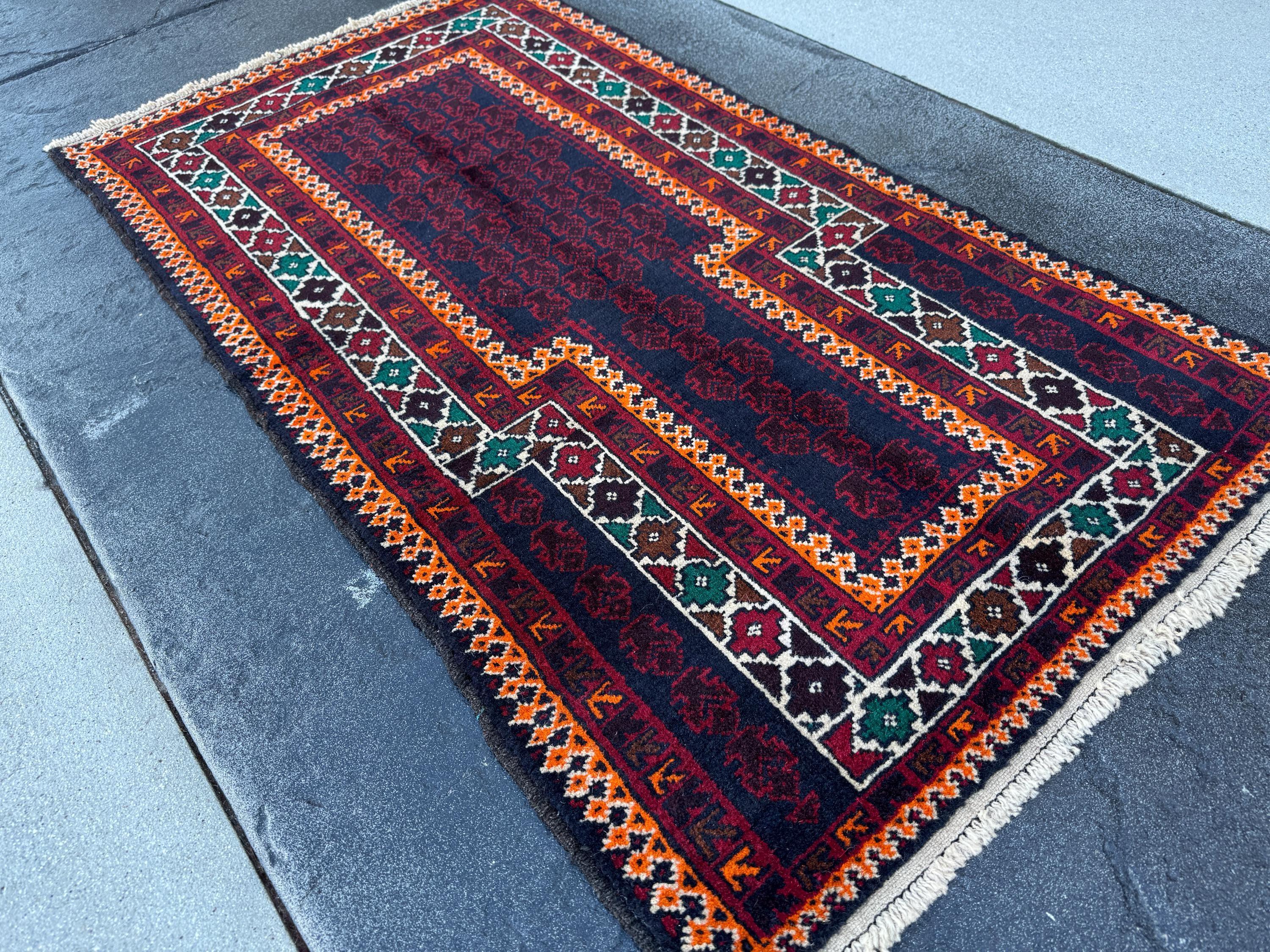 3x5 (91x152) Handmade Vintage Afghan Baluch Rug | Auburn Burgundy Blood Red Orange Forest Green Coffee Brown White Ivory Black Midnight Blue