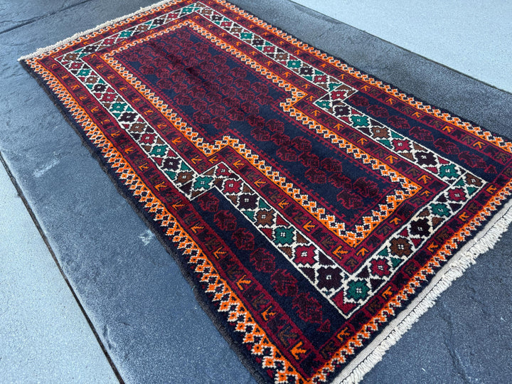 3x5 (91x152) Handmade Vintage Afghan Baluch Rug | Auburn Burgundy Blood Red Orange Forest Green Coffee Brown White Ivory Black Midnight Blue