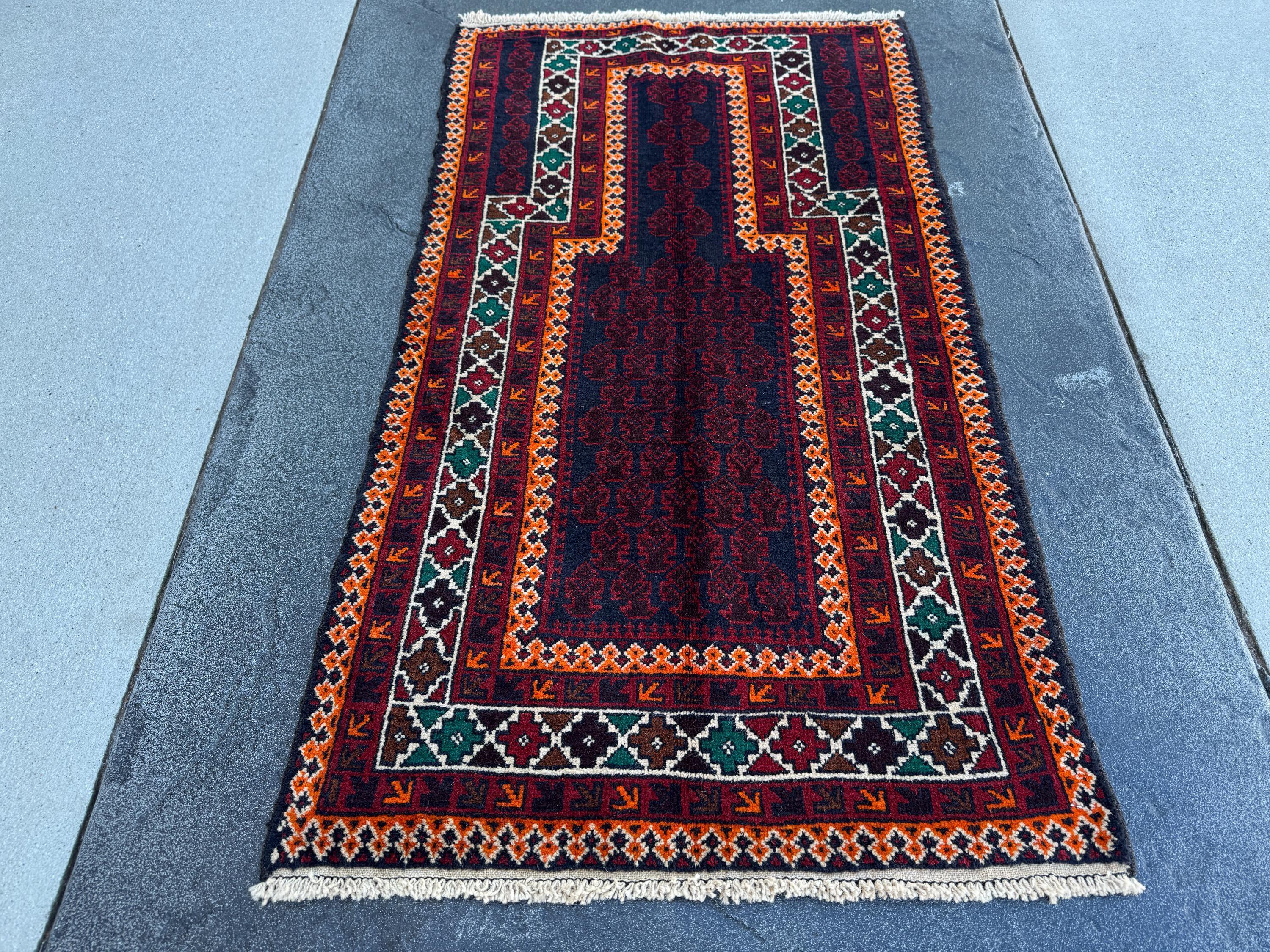 3x5 (91x152) Handmade Vintage Afghan Baluch Rug | Auburn Burgundy Blood Red Orange Forest Green Coffee Brown White Ivory Black Midnight Blue