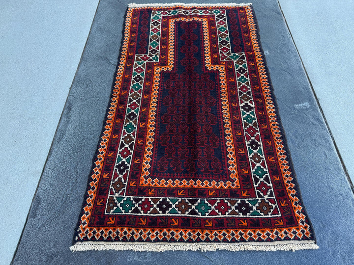 3x5 (91x152) Handmade Vintage Afghan Baluch Rug | Auburn Burgundy Blood Red Orange Forest Green Coffee Brown White Ivory Black Midnight Blue