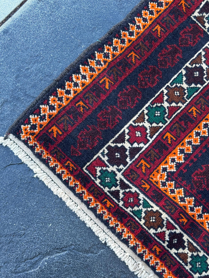 3x5 (91x152) Handmade Vintage Afghan Baluch Rug | Auburn Burgundy Blood Red Orange Forest Green Coffee Brown White Ivory Black Midnight Blue