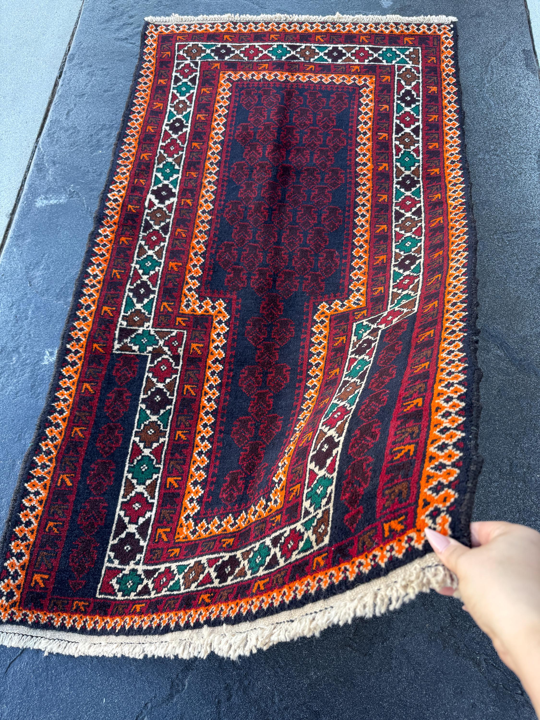 3x5 (91x152) Handmade Vintage Afghan Baluch Rug | Auburn Burgundy Blood Red Orange Forest Green Coffee Brown White Ivory Black Midnight Blue