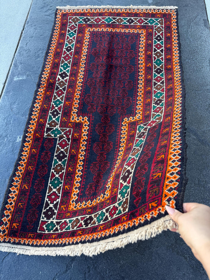 3x5 (91x152) Handmade Vintage Afghan Baluch Rug | Auburn Burgundy Blood Red Orange Forest Green Coffee Brown White Ivory Black Midnight Blue