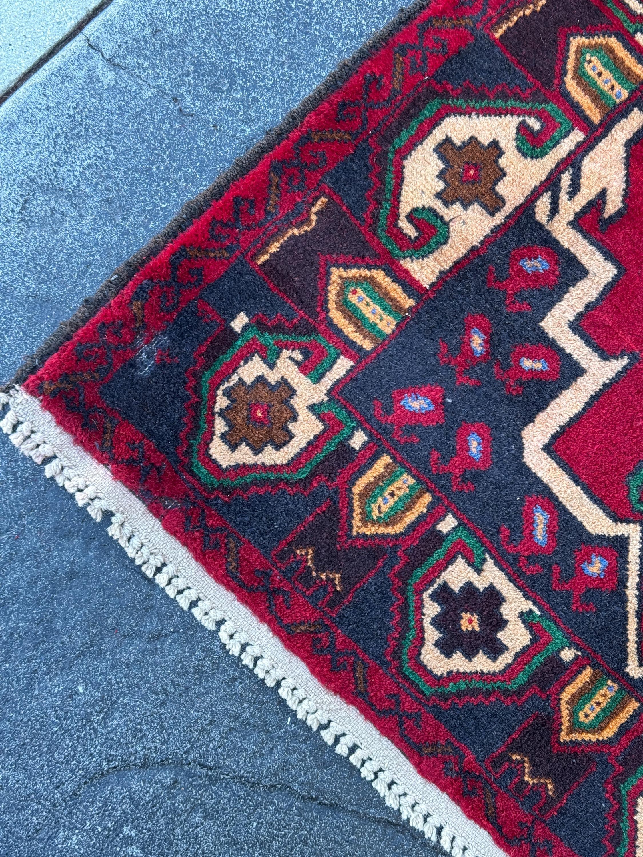3x5 (91x152) Handmade Vintage Afghan Baluch Rug | Blood Burgundy Red Midnight Navy Powder Blue Cream Coffee Tan Brown Forest Green Black