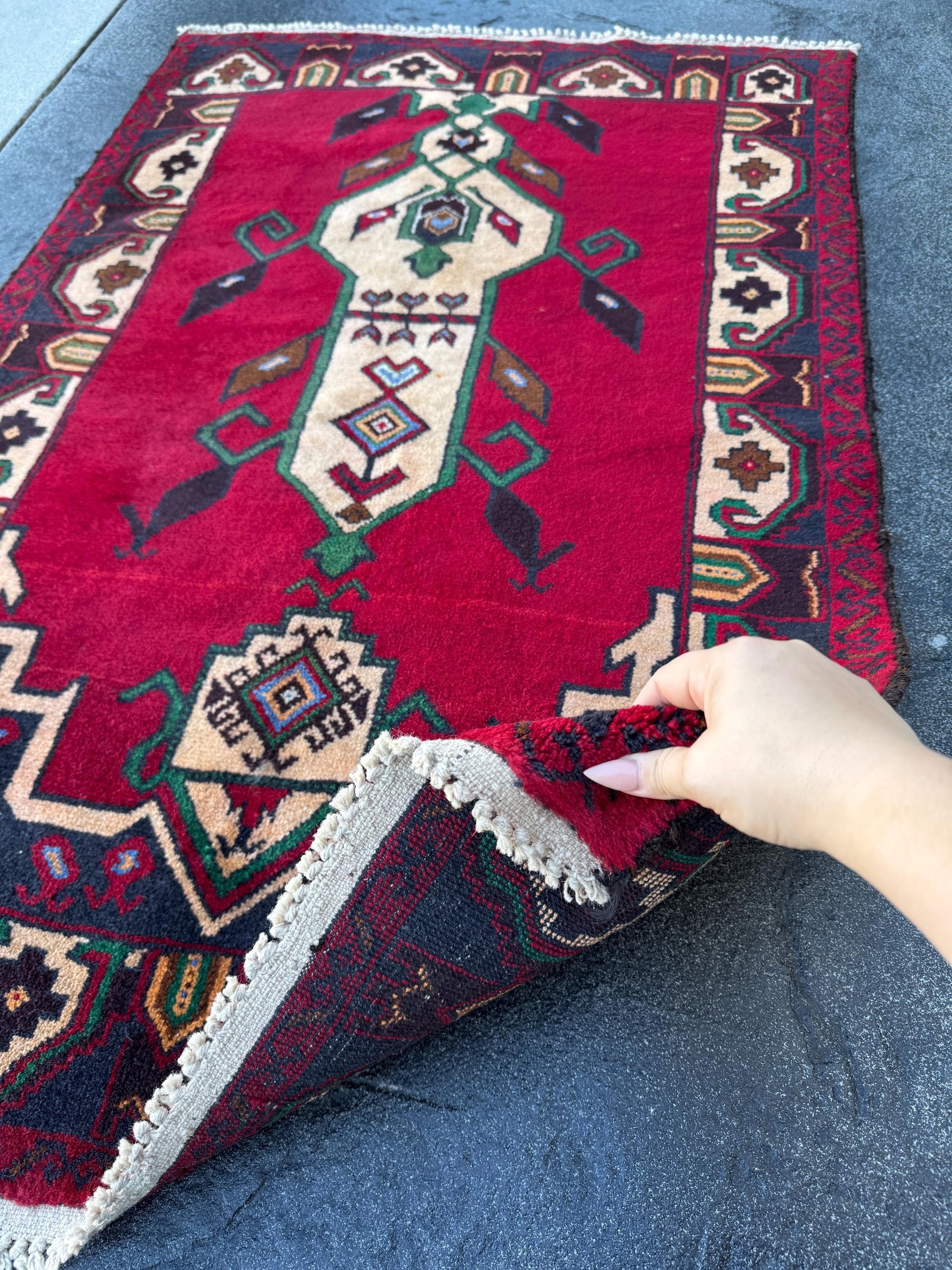 3x5 (91x152) Handmade Vintage Afghan Baluch Rug | Blood Burgundy Red Midnight Navy Powder Blue Cream Coffee Tan Brown Forest Green Black