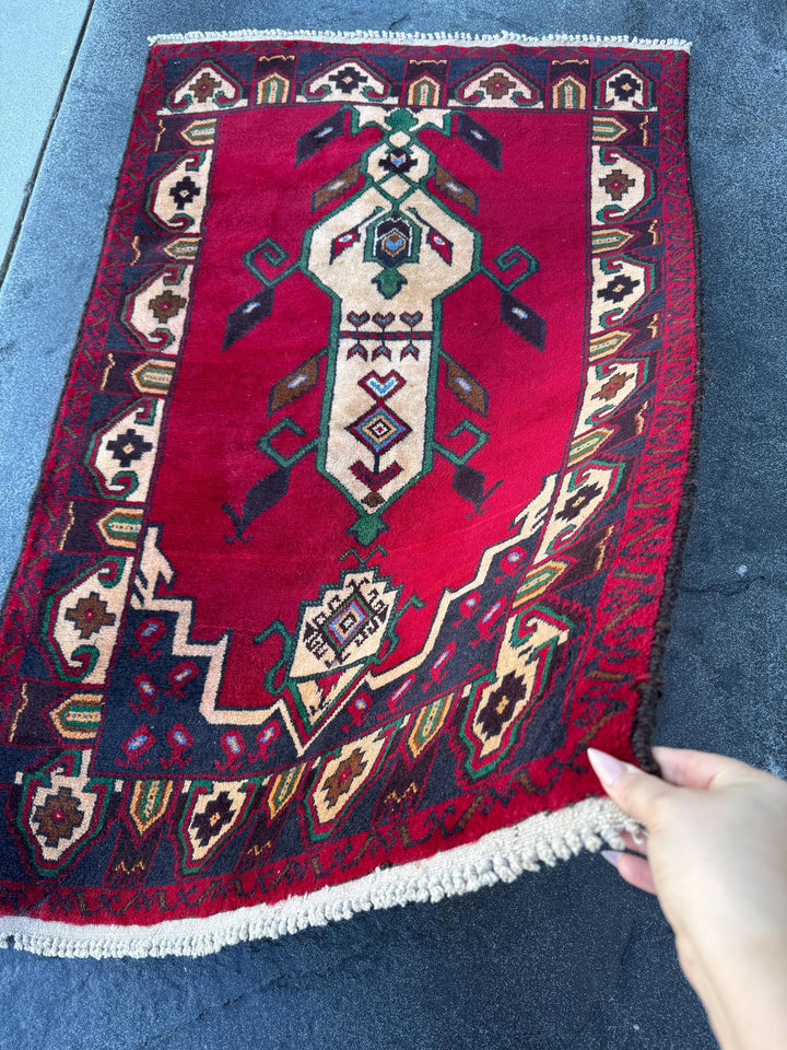 3x5 (91x152) Handmade Vintage Afghan Baluch Rug | Blood Burgundy Red Midnight Navy Powder Blue Cream Coffee Tan Brown Forest Green Black