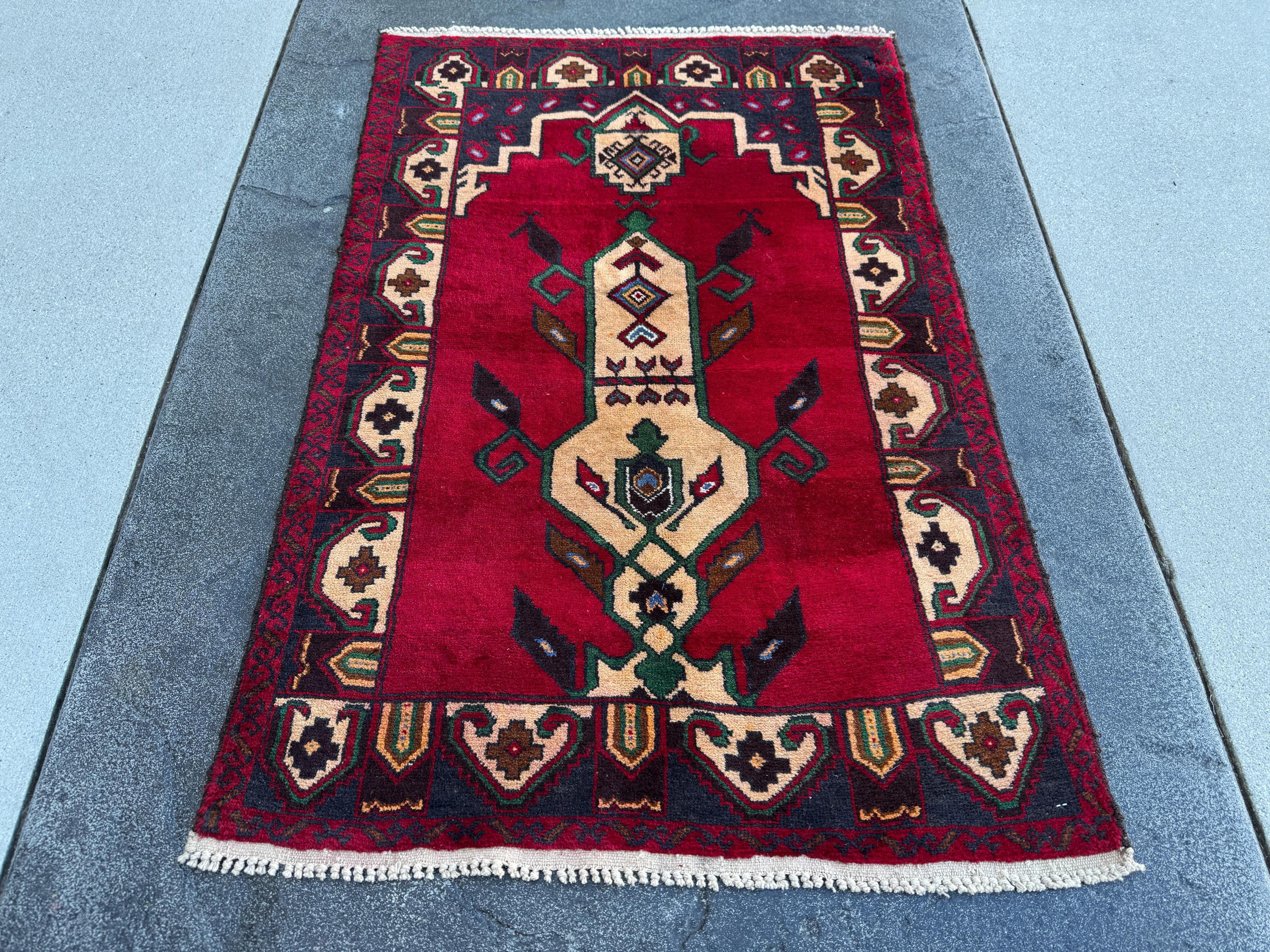 3x5 (91x152) Handmade Vintage Afghan Baluch Rug | Blood Burgundy Red Midnight Navy Powder Blue Cream Coffee Tan Brown Forest Green Black