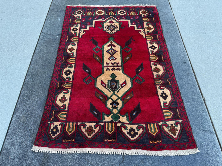 3x5 (91x152) Handmade Vintage Afghan Baluch Rug | Blood Burgundy Red Midnight Navy Powder Blue Cream Coffee Tan Brown Forest Green Black