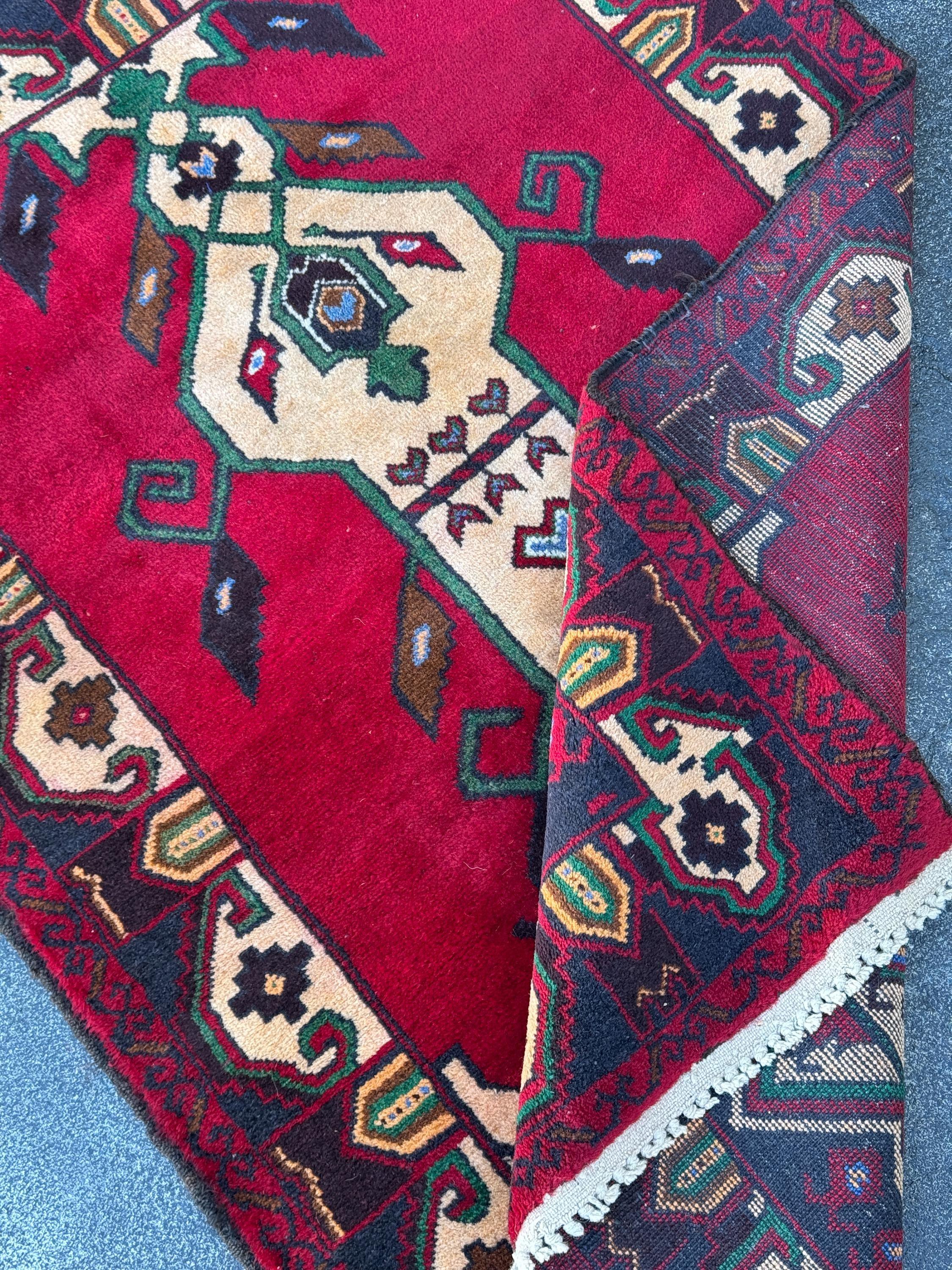 3x5 (91x152) Handmade Vintage Afghan Baluch Rug | Blood Burgundy Red Midnight Navy Powder Blue Cream Coffee Tan Brown Forest Green Black