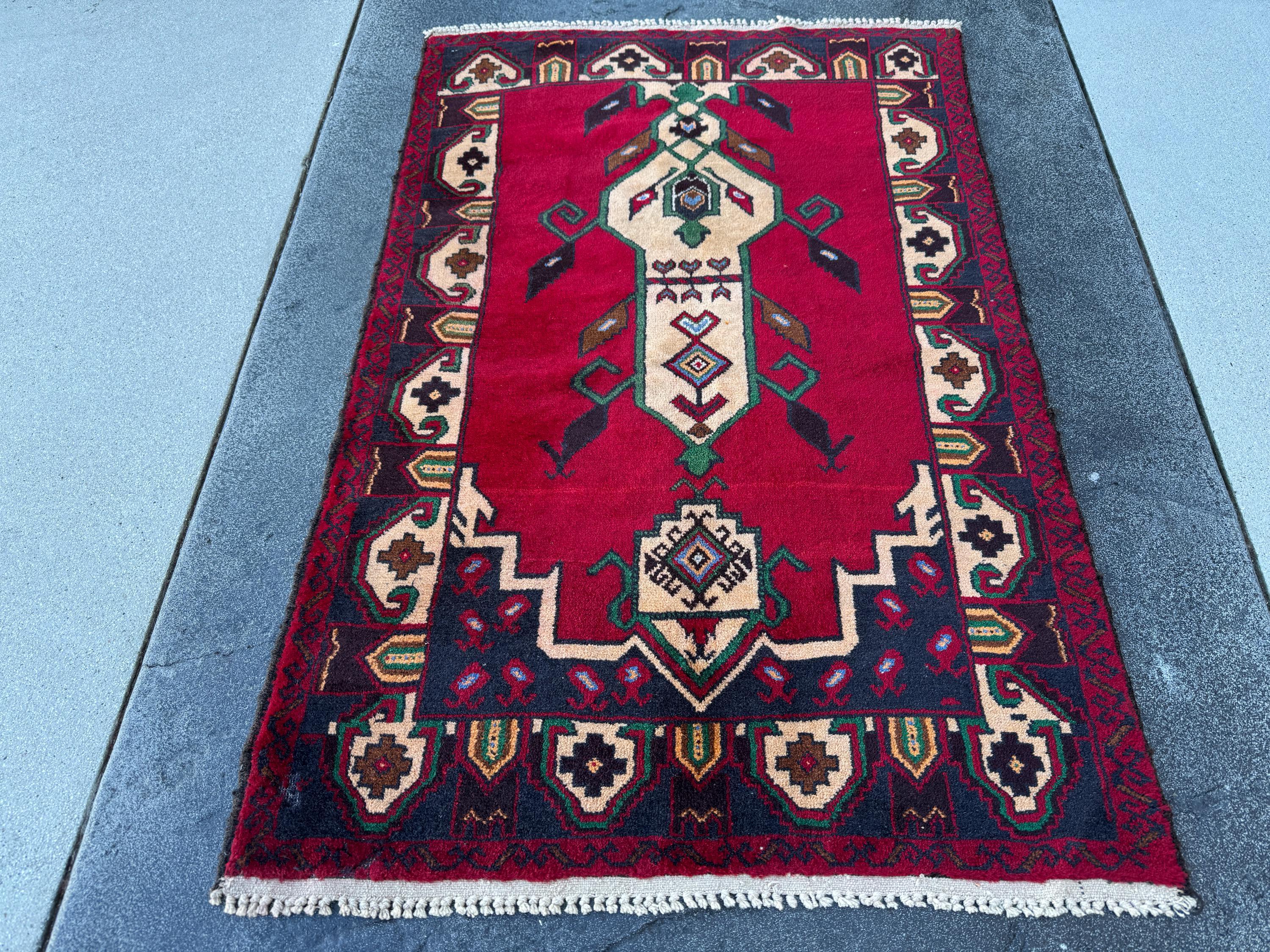 3x5 (91x152) Handmade Vintage Afghan Baluch Rug | Blood Burgundy Red Midnight Navy Powder Blue Cream Coffee Tan Brown Forest Green Black