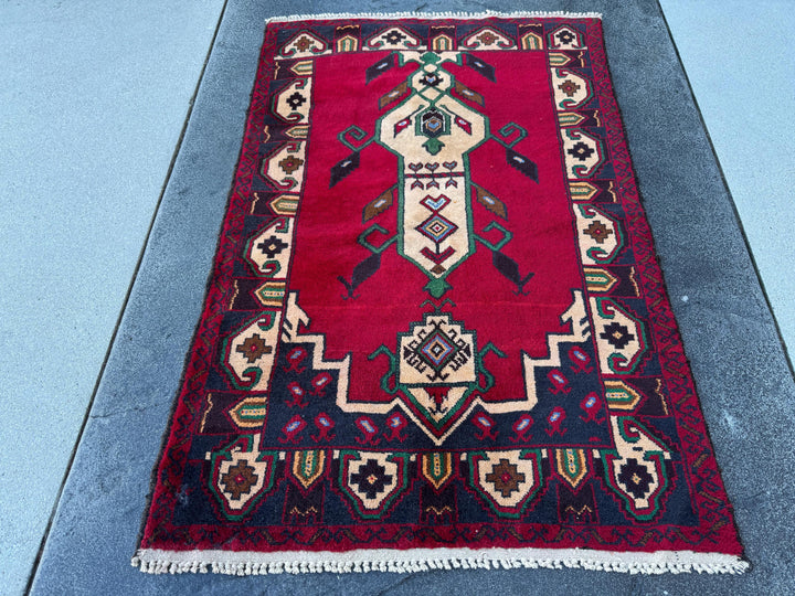 3x5 (91x152) Handmade Vintage Afghan Baluch Rug | Blood Burgundy Red Midnight Navy Powder Blue Cream Coffee Tan Brown Forest Green Black