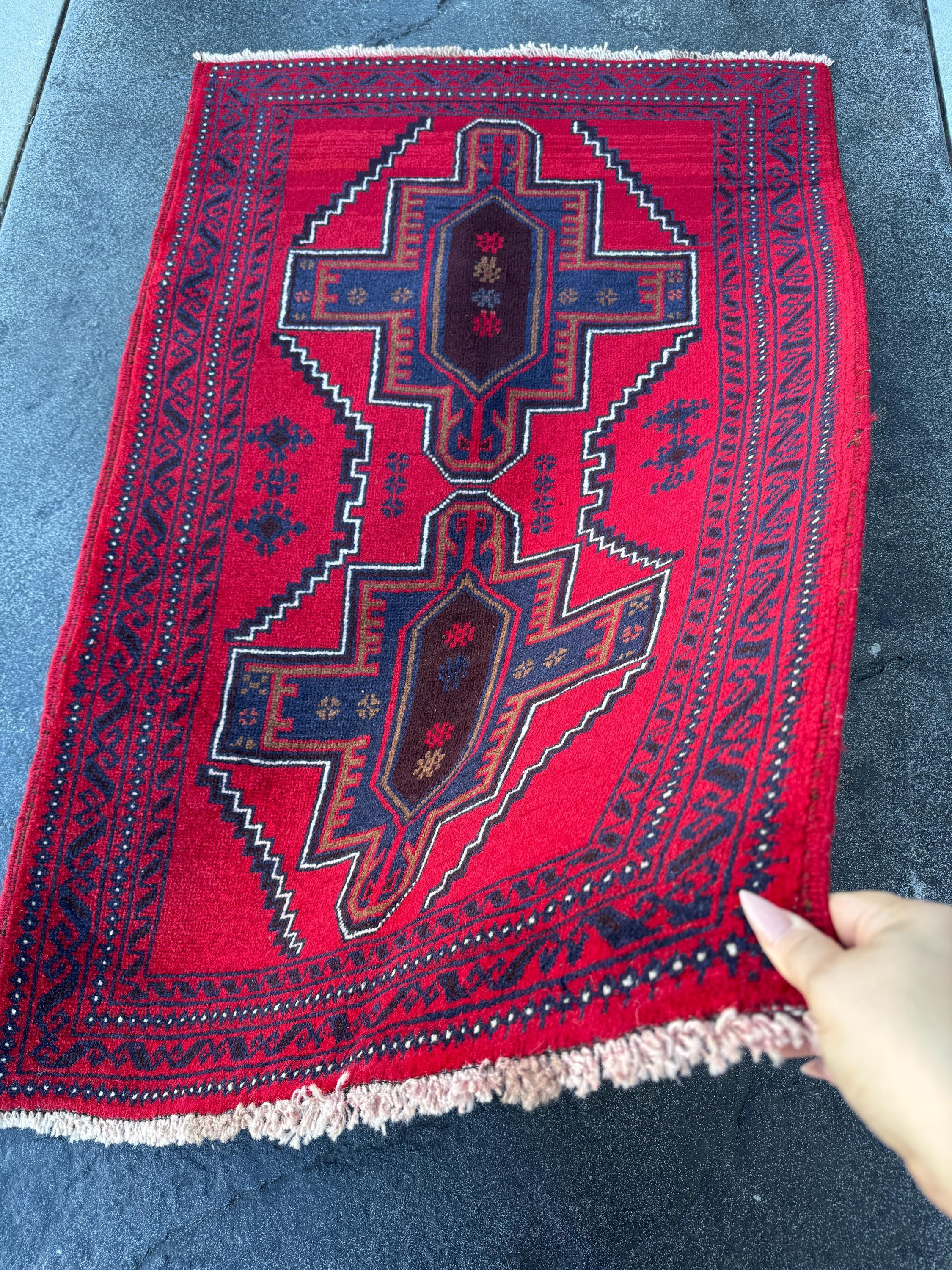 3x4 (91x121) Handmade Vintage Afghan Baluch Rug | Crimson Auburn Wine Red Midnight Navy Blue Coffee Brown Black White Ivory Cream | Wool