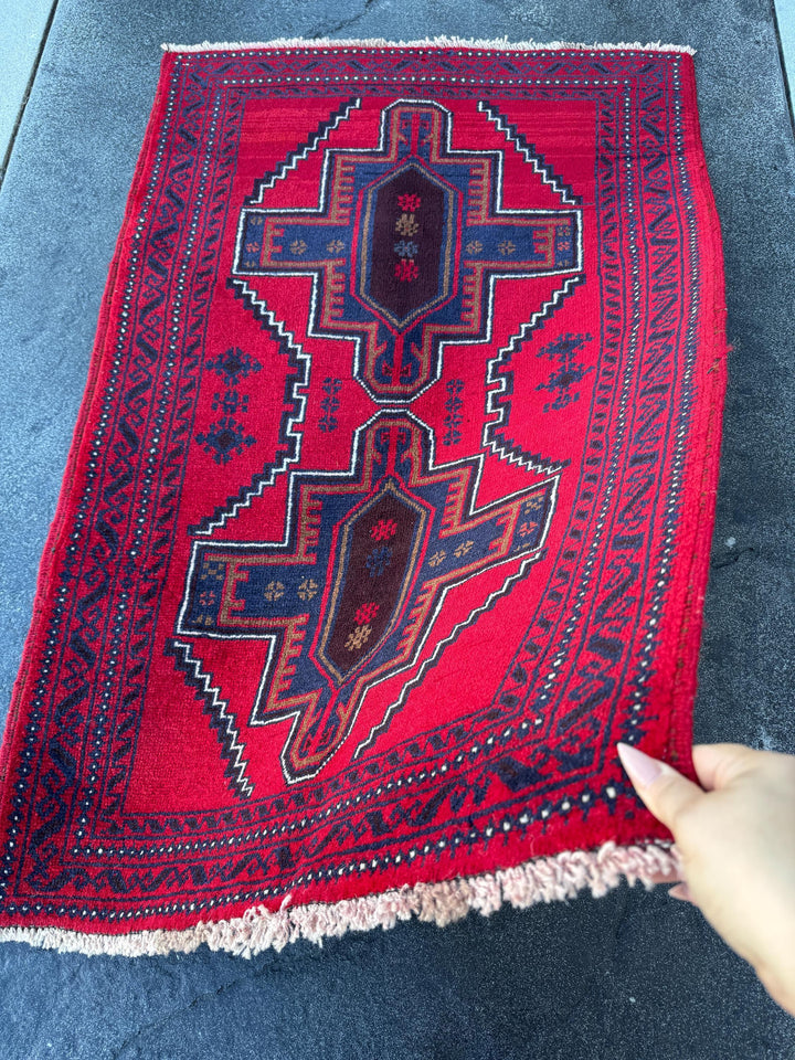 3x4 (91x121) Handmade Vintage Afghan Baluch Rug | Crimson Auburn Wine Red Midnight Navy Blue Coffee Brown Black White Ivory Cream | Wool