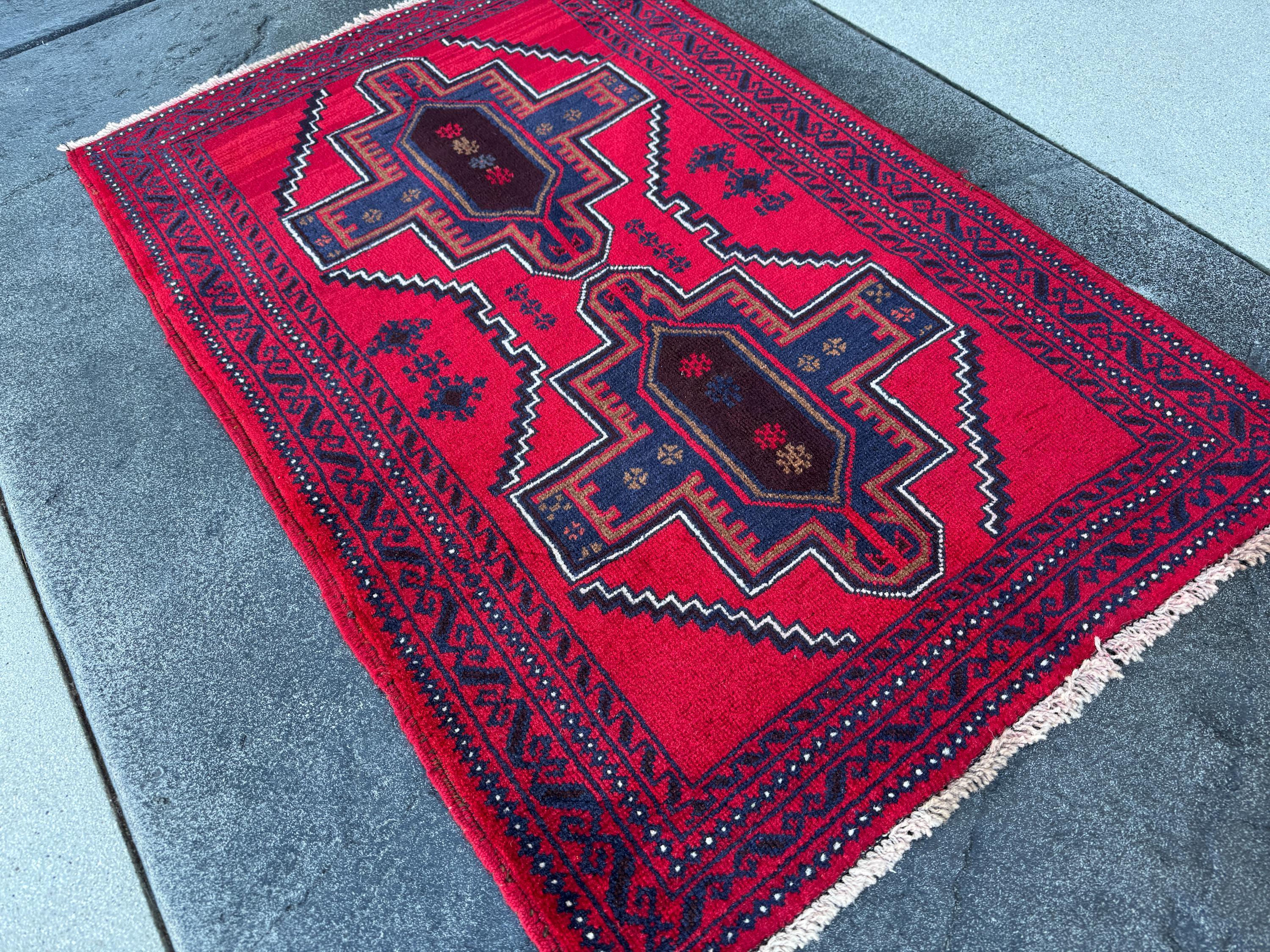3x4 (91x121) Handmade Vintage Afghan Baluch Rug | Crimson Auburn Wine Red Midnight Navy Blue Coffee Brown Black White Ivory Cream | Wool