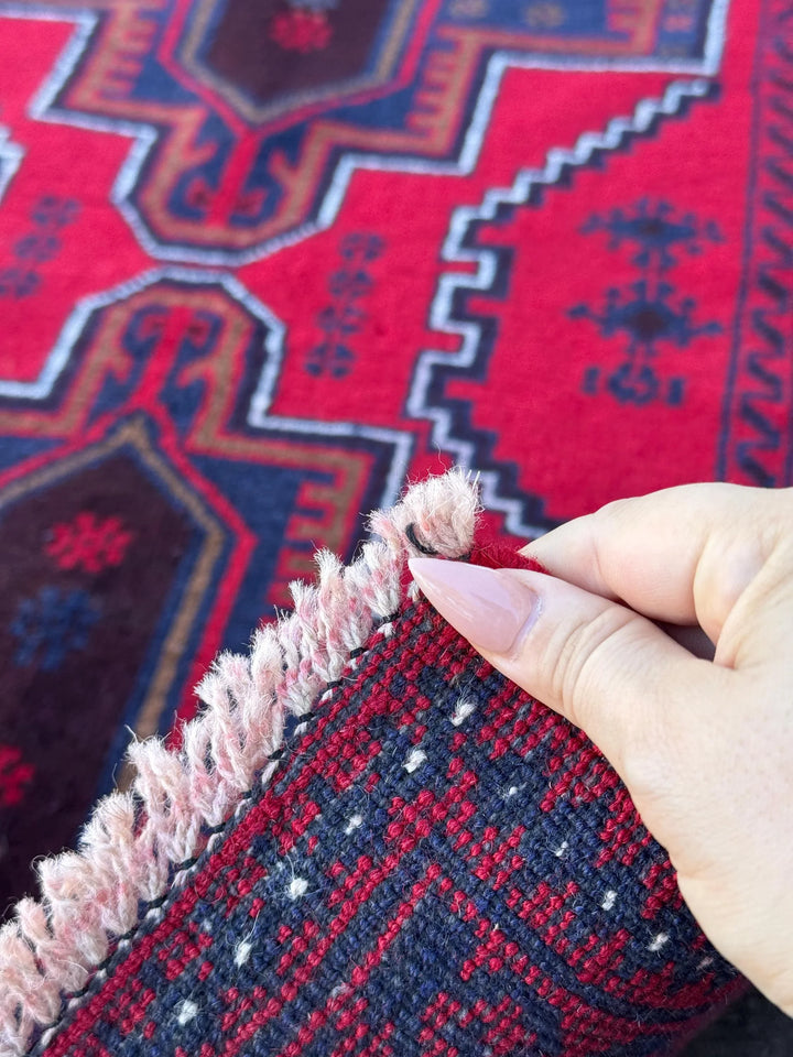 3x4 (91x121) Handmade Vintage Afghan Baluch Rug | Crimson Auburn Wine Red Midnight Navy Blue Coffee Brown Black White Ivory Cream | Wool