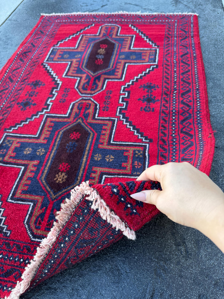 3x4 (91x121) Handmade Vintage Afghan Baluch Rug | Crimson Auburn Wine Red Midnight Navy Blue Coffee Brown Black White Ivory Cream | Wool