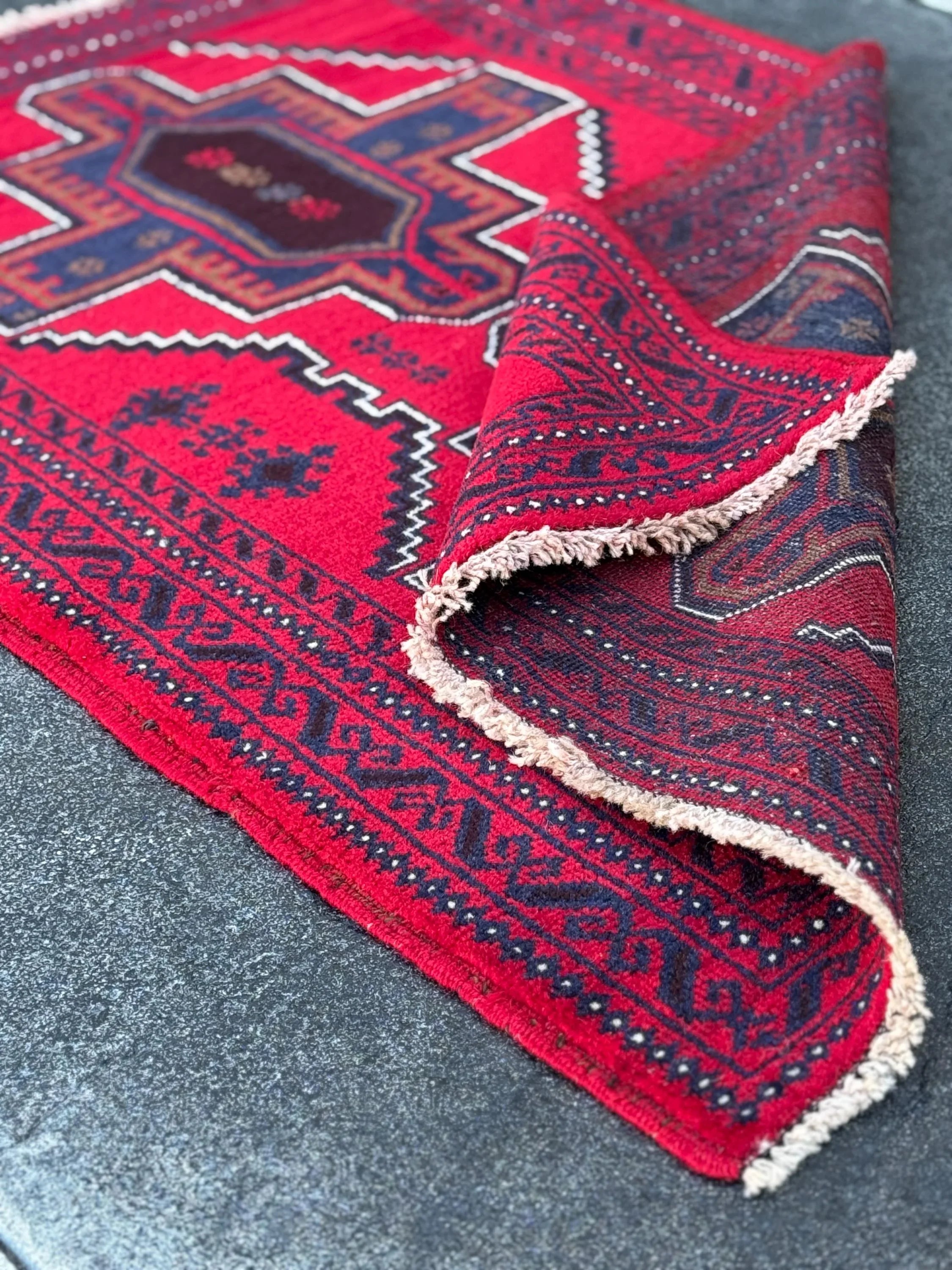 3x4 (91x121) Handmade Vintage Afghan Baluch Rug | Crimson Auburn Wine Red Midnight Navy Blue Coffee Brown Black White Ivory Cream | Wool
