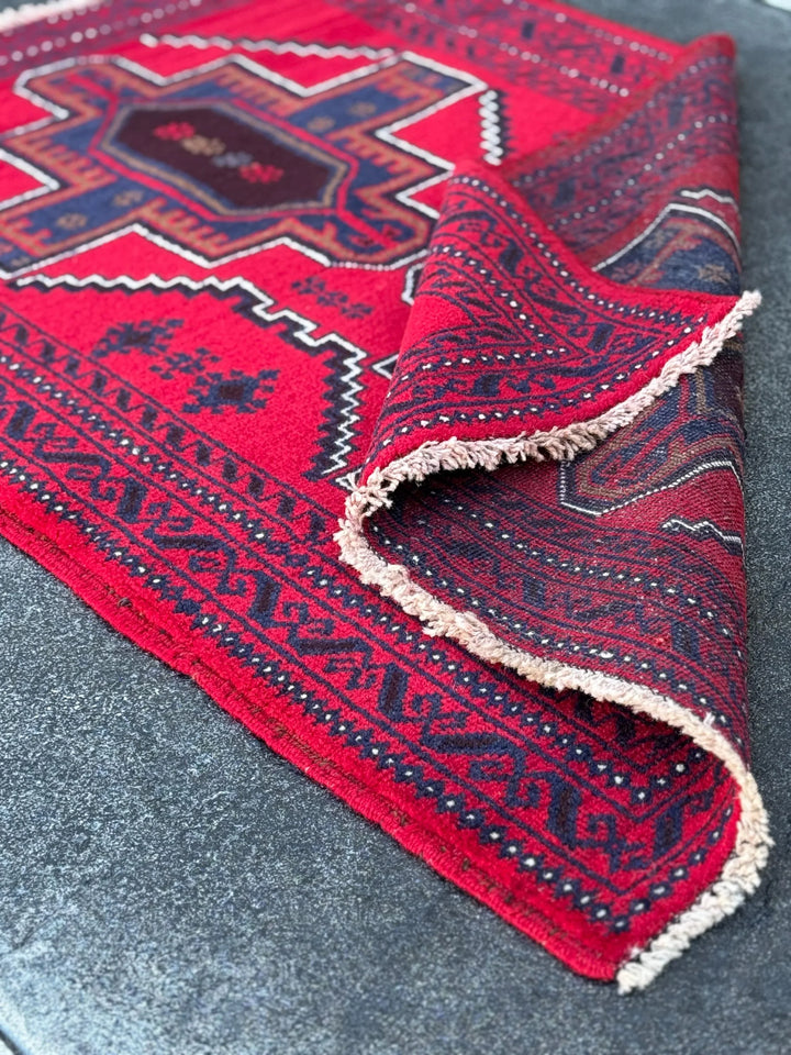 3x4 (91x121) Handmade Vintage Afghan Baluch Rug | Crimson Auburn Wine Red Midnight Navy Blue Coffee Brown Black White Ivory Cream | Wool