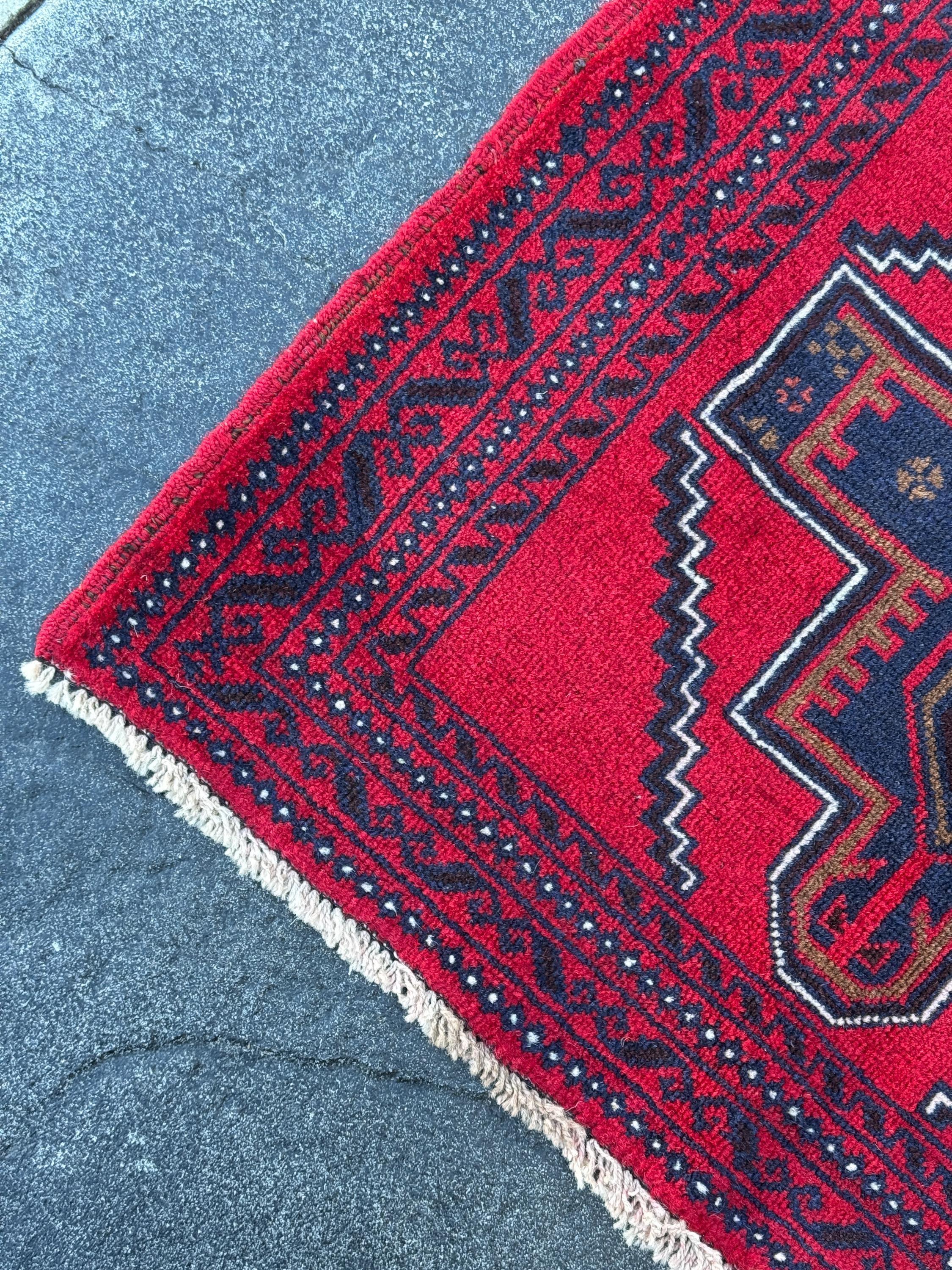 3x4 (91x121) Handmade Vintage Afghan Baluch Rug | Crimson Auburn Wine Red Midnight Navy Blue Coffee Brown Black White Ivory Cream | Wool