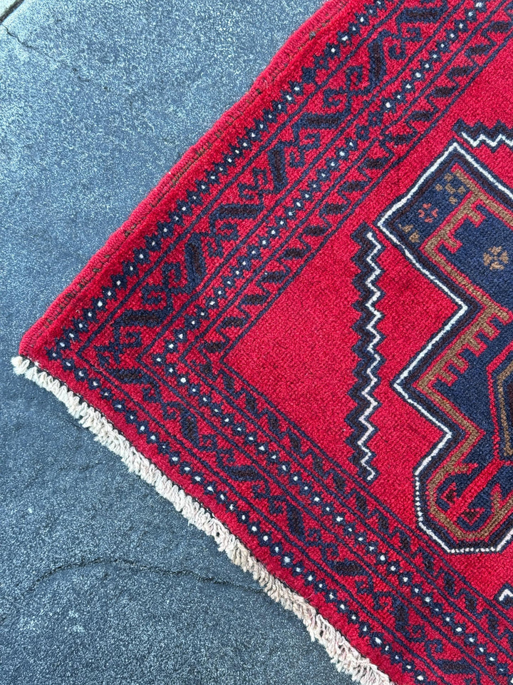 3x4 (91x121) Handmade Vintage Afghan Baluch Rug | Crimson Auburn Wine Red Midnight Navy Blue Coffee Brown Black White Ivory Cream | Wool