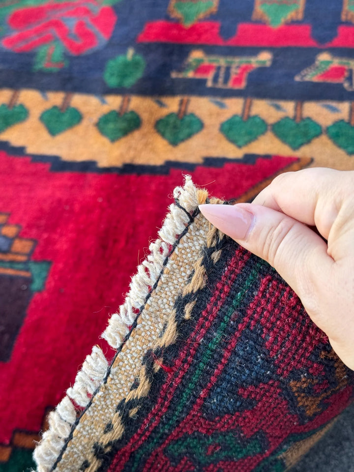 3x5 (91x152) Handmade Vintage Afghan Baluch Rug | Blood Crimson Red Black Navy Prussian Blue Forest Moss Green Peach Orange Cream Black Wool