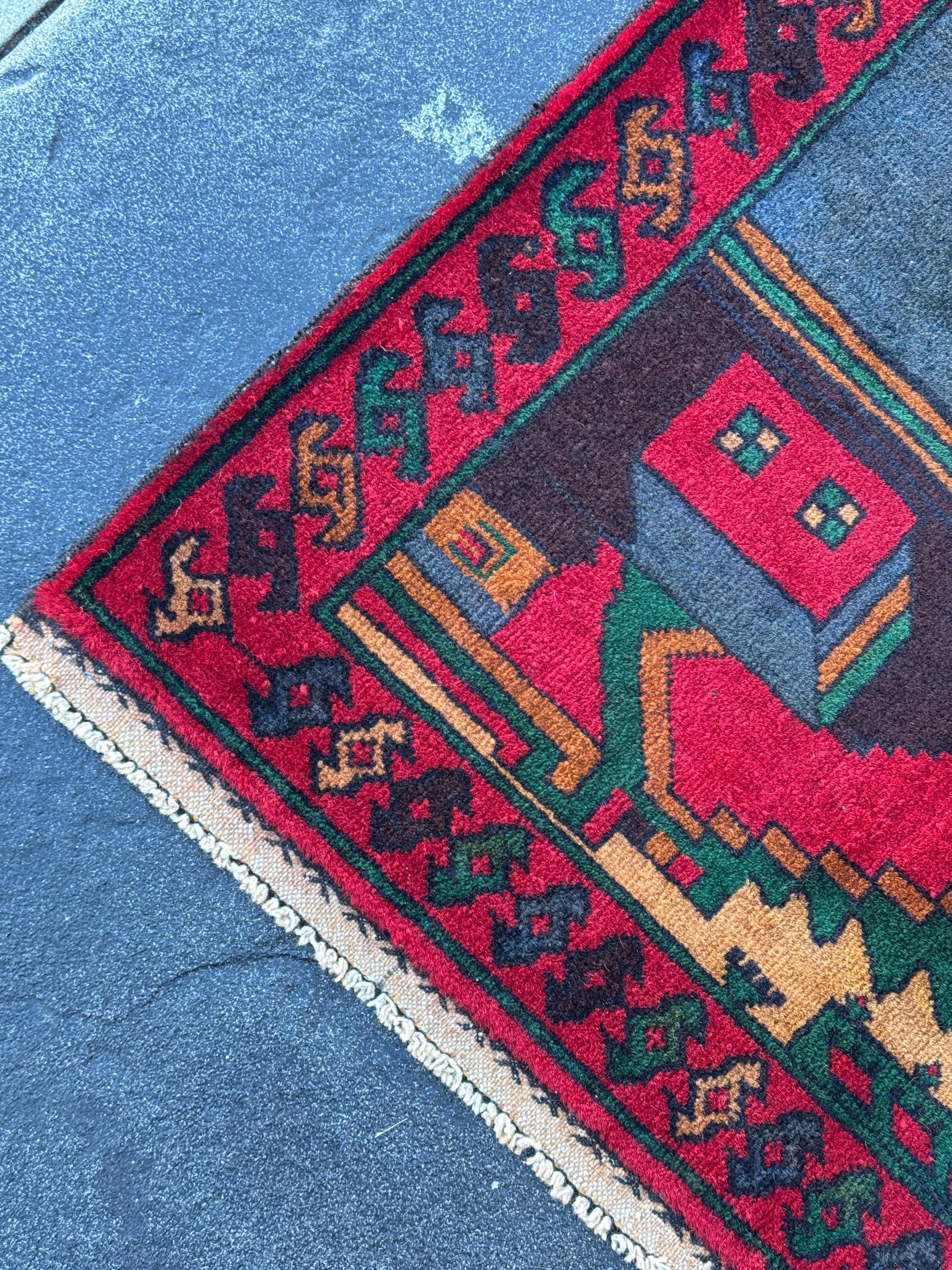 3x5 (91x152) Handmade Vintage Afghan Baluch Rug | Blood Crimson Red Black Navy Prussian Blue Forest Moss Green Peach Orange Cream Black Wool