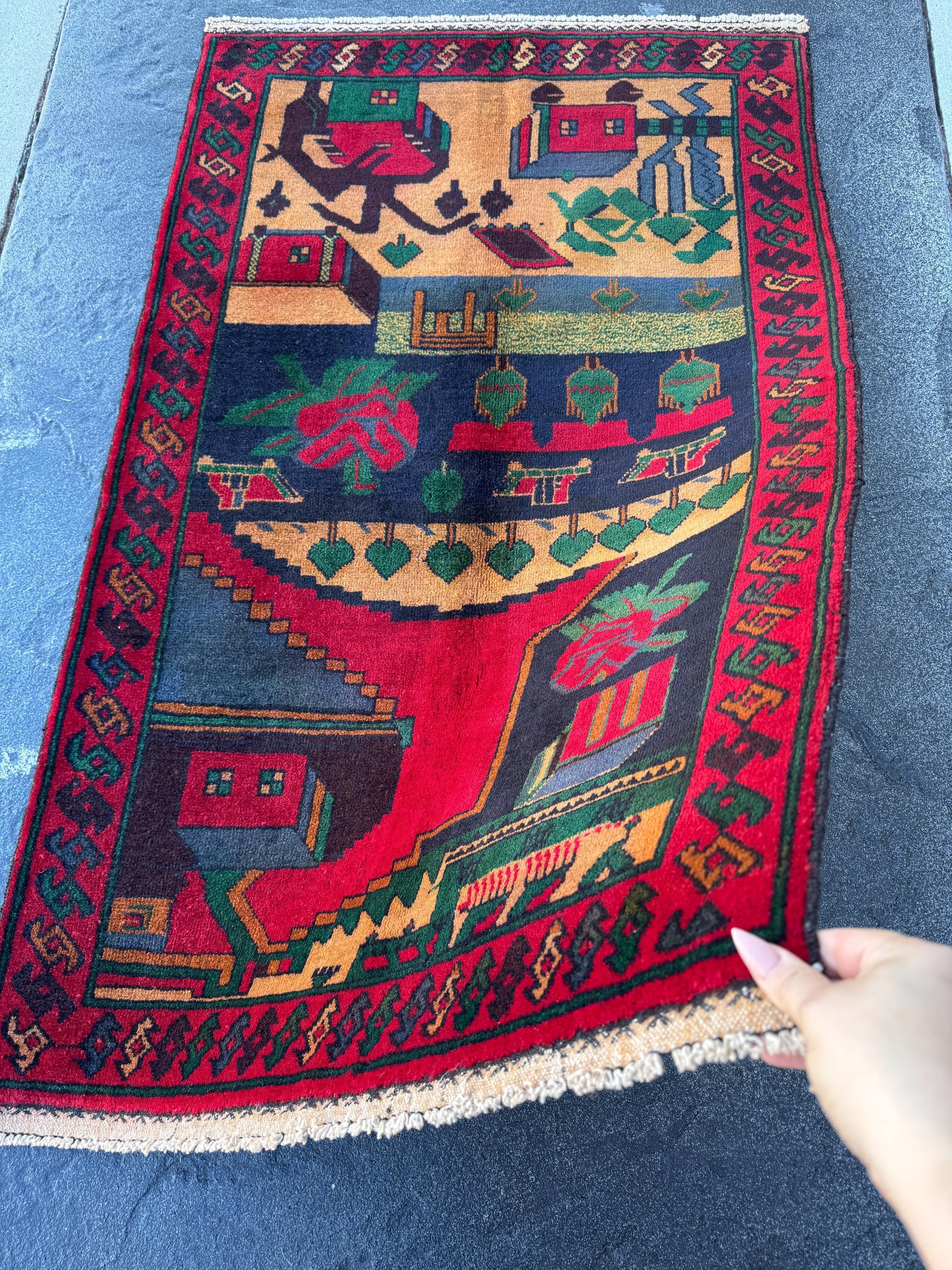 3x5 (91x152) Handmade Vintage Afghan Baluch Rug | Blood Crimson Red Black Navy Prussian Blue Forest Moss Green Peach Orange Cream Black Wool