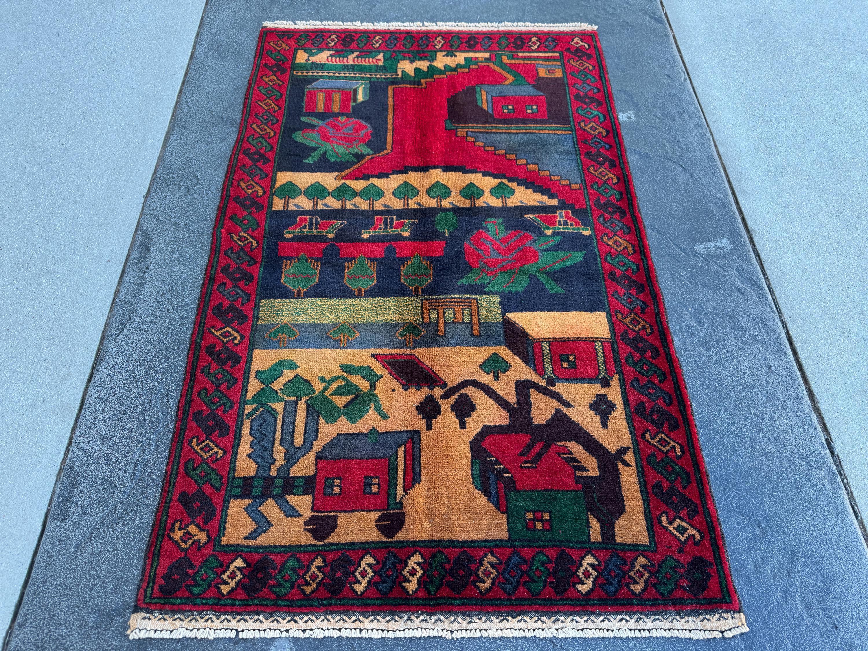 3x5 (91x152) Handmade Vintage Afghan Baluch Rug | Blood Crimson Red Black Navy Prussian Blue Forest Moss Green Peach Orange Cream Black Wool