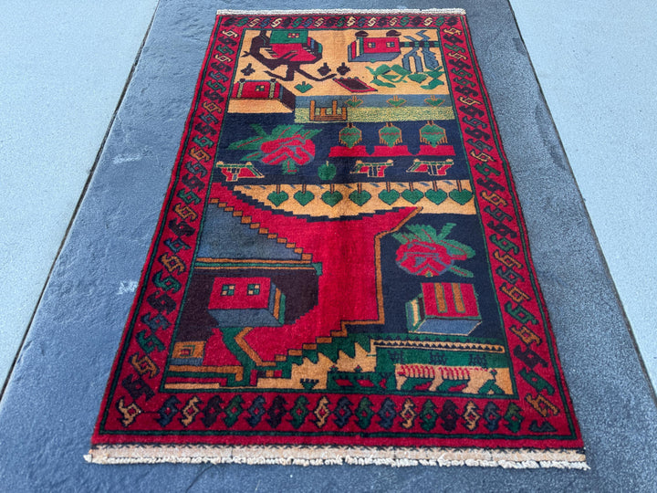 3x5 (91x152) Handmade Vintage Afghan Baluch Rug | Blood Crimson Red Black Navy Prussian Blue Forest Moss Green Peach Orange Cream Black Wool