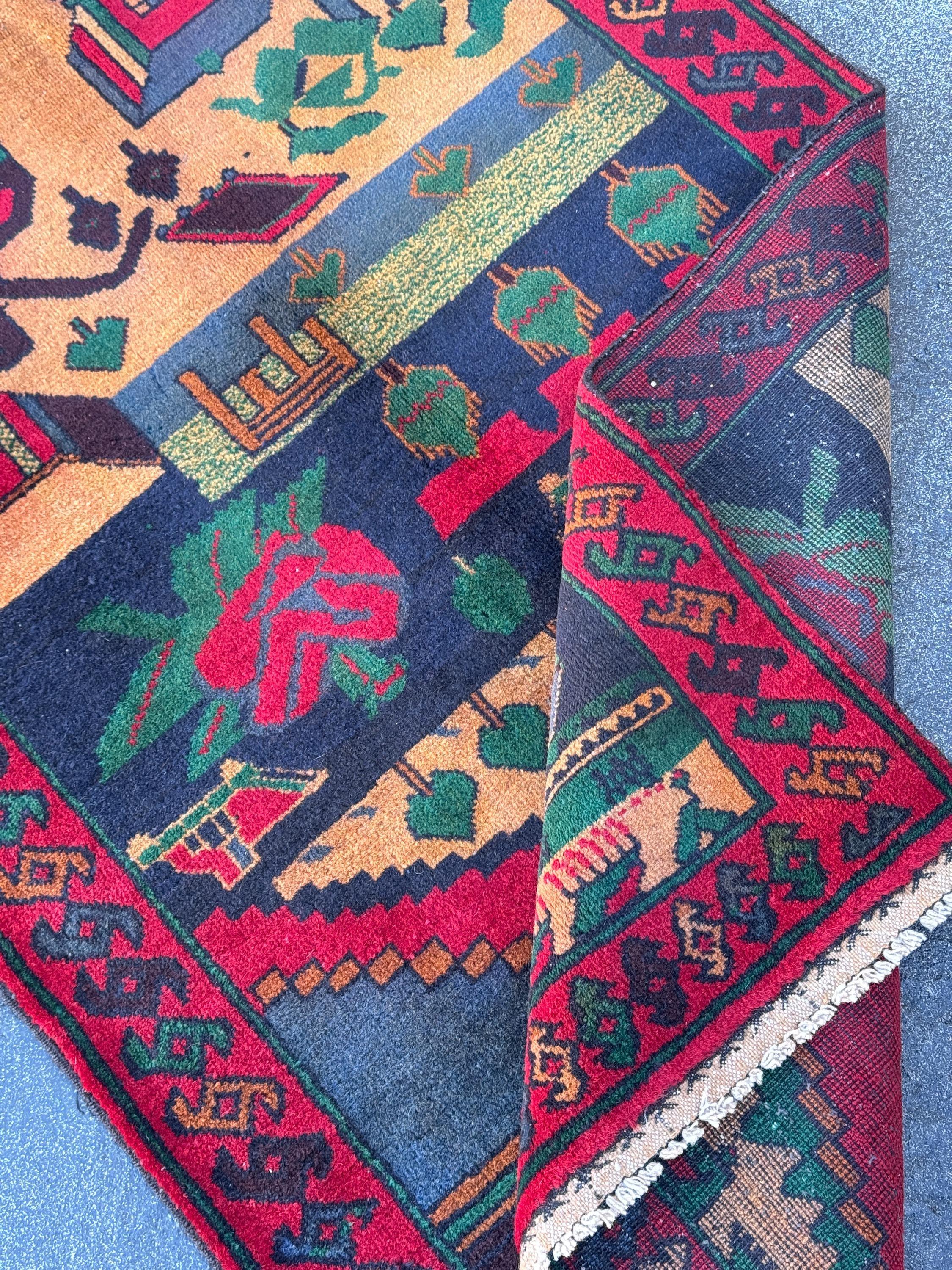 3x5 (91x152) Handmade Vintage Afghan Baluch Rug | Blood Crimson Red Black Navy Prussian Blue Forest Moss Green Peach Orange Cream Black Wool