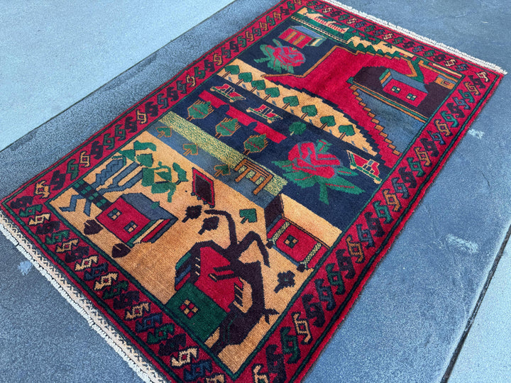 3x5 (91x152) Handmade Vintage Afghan Baluch Rug | Blood Crimson Red Black Navy Prussian Blue Forest Moss Green Peach Orange Cream Black Wool