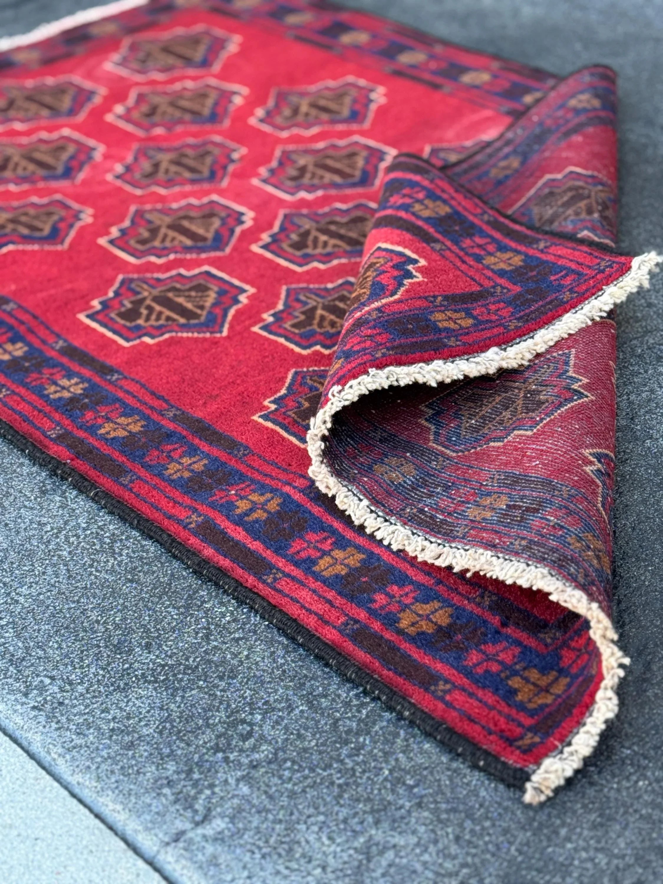 3x5 (91x152) Handmade Vintage Afghan Baluch Rug | Crimson Brick Burgundy Red Navy Blue Caramel Tan Brown White Ivory Cream | Wool