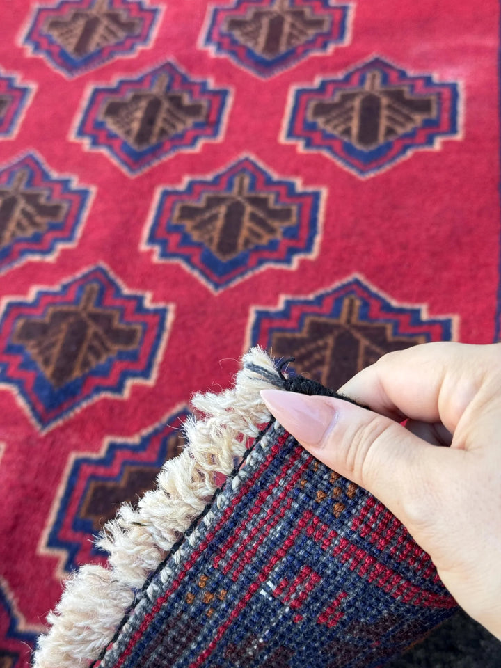 3x5 (91x152) Handmade Vintage Afghan Baluch Rug | Crimson Brick Burgundy Red Navy Blue Caramel Tan Brown White Ivory Cream | Wool